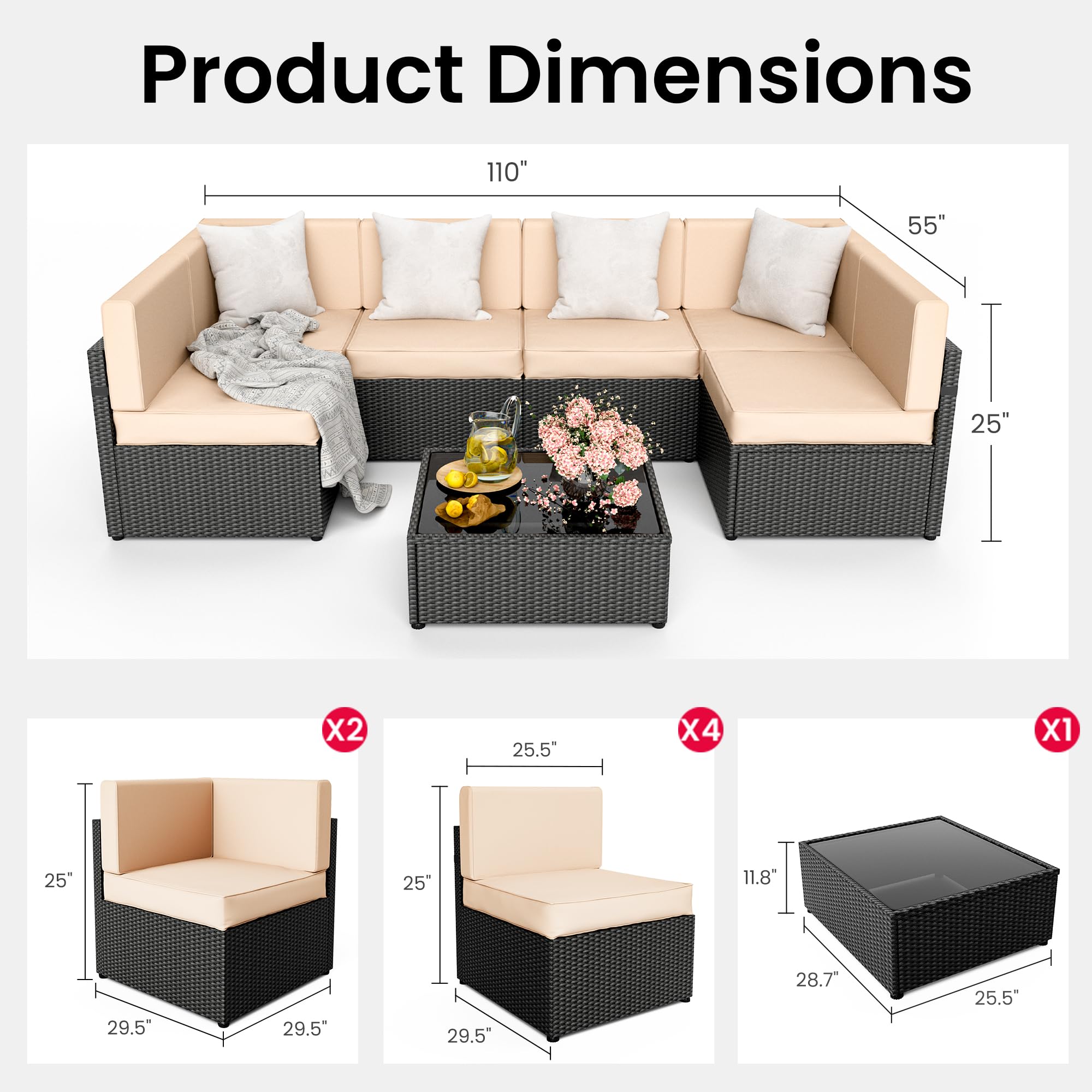 Pamapic 7-Piece Outdoor Rattan Sectional Sofa Set with Coffee Table & Washable Cushions - Cream Patio Furniture for Garden, Poolside & Backyard Relaxation