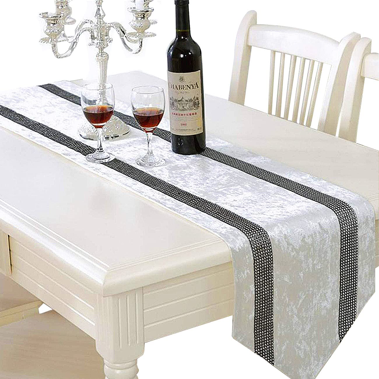 Jiino 98 Inch Long Creamy White Glitter Table Runner - Elegant Kitchen, Coffee, Dining, Sofa & End Table Decor for Holiday Dinners, Bedroom & Living Room Home Decor