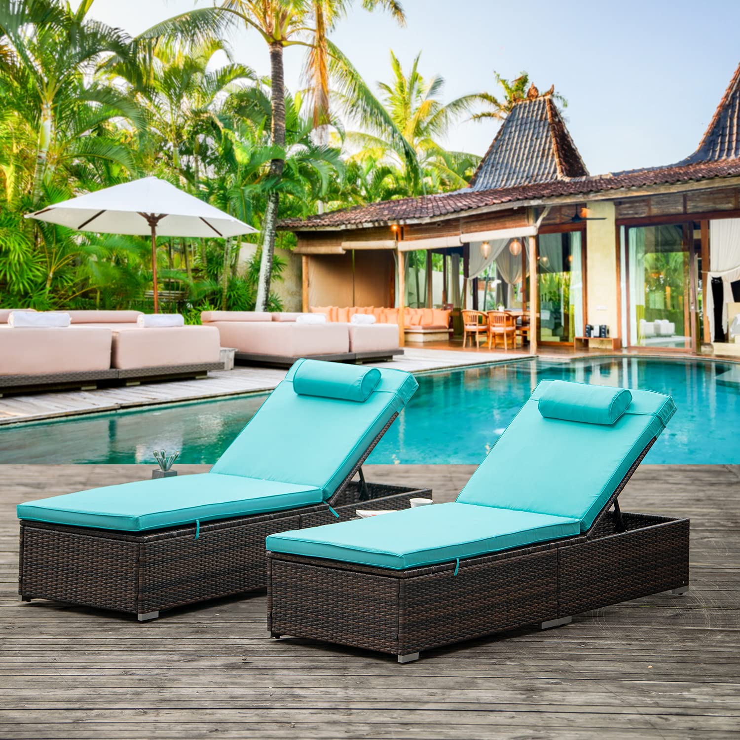 OUYESSIR 2-Piece Patio Lounge Chair Set - Outdoor Wicker Chaise Lounge with Cup Holder & 6 Adjustable Backrest Positions - Perfect for Poolside, Beach, Backyard & Garden Relaxation (Turquoise)