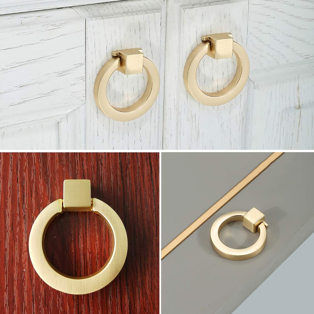 4 Pcs Brushed Gold Cabinet Ring Pulls - Vintage Brass Drawer Handles for Kitchen Cabinets, Dressers & Furniture Hardware | Durable & Stylish Home Decor Upgrade