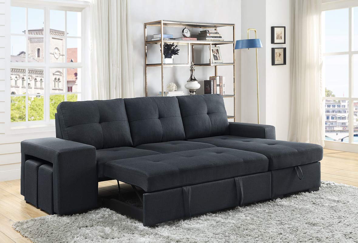 Lilola Home Lucas Dark Gray Linen Sleeper Sectional Sofa with Reversible Storage Chaise - Modern Convertible Couch for Small Spaces, Guest Room & Apartment Living