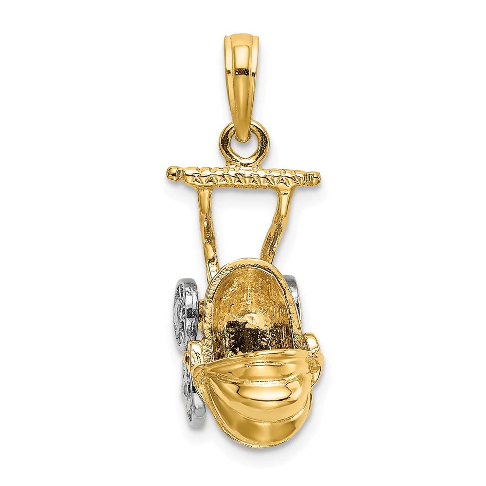 14K Yellow Gold Rhodium-Plated 3D Baby Stroller Pendant with Moving Wheels - Perfect Baby Shower Gift, New Mom Jewelry, Christening Keepsake