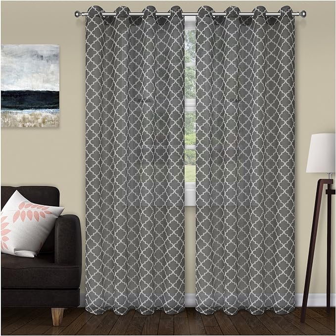Trellis Sheer Grommet Curtain Panel Set - Light Filtering Window Drapes for Living Room, Bedroom & Office Decor