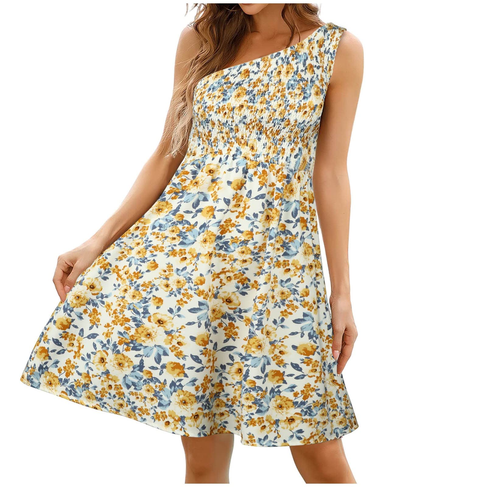 Women's One Shoulder Sleeveless Summer Dress - Floral Print Smocked High Waist A-Line Midi Dress for Casual Wear, Beach Vacation & Date Night Outfits
