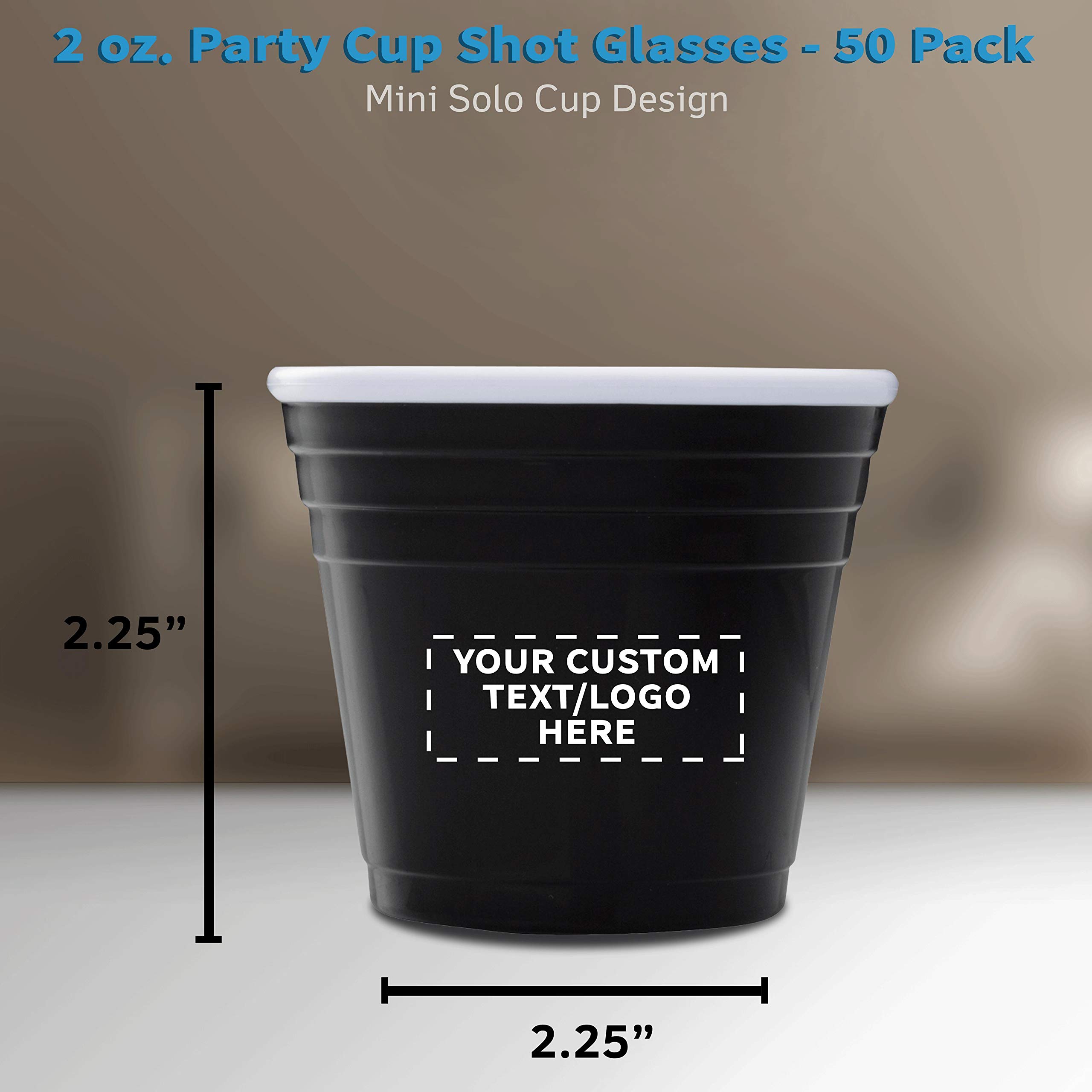 Custom 2 oz Party Shot Glasses - Bulk Pack of 50 Personalized Plastic Cups for Birthdays, Events & Celebrations - Durable Black Drinking Glasses for Indoor/Outdoor Parties, Weddings & Bar Gatherings