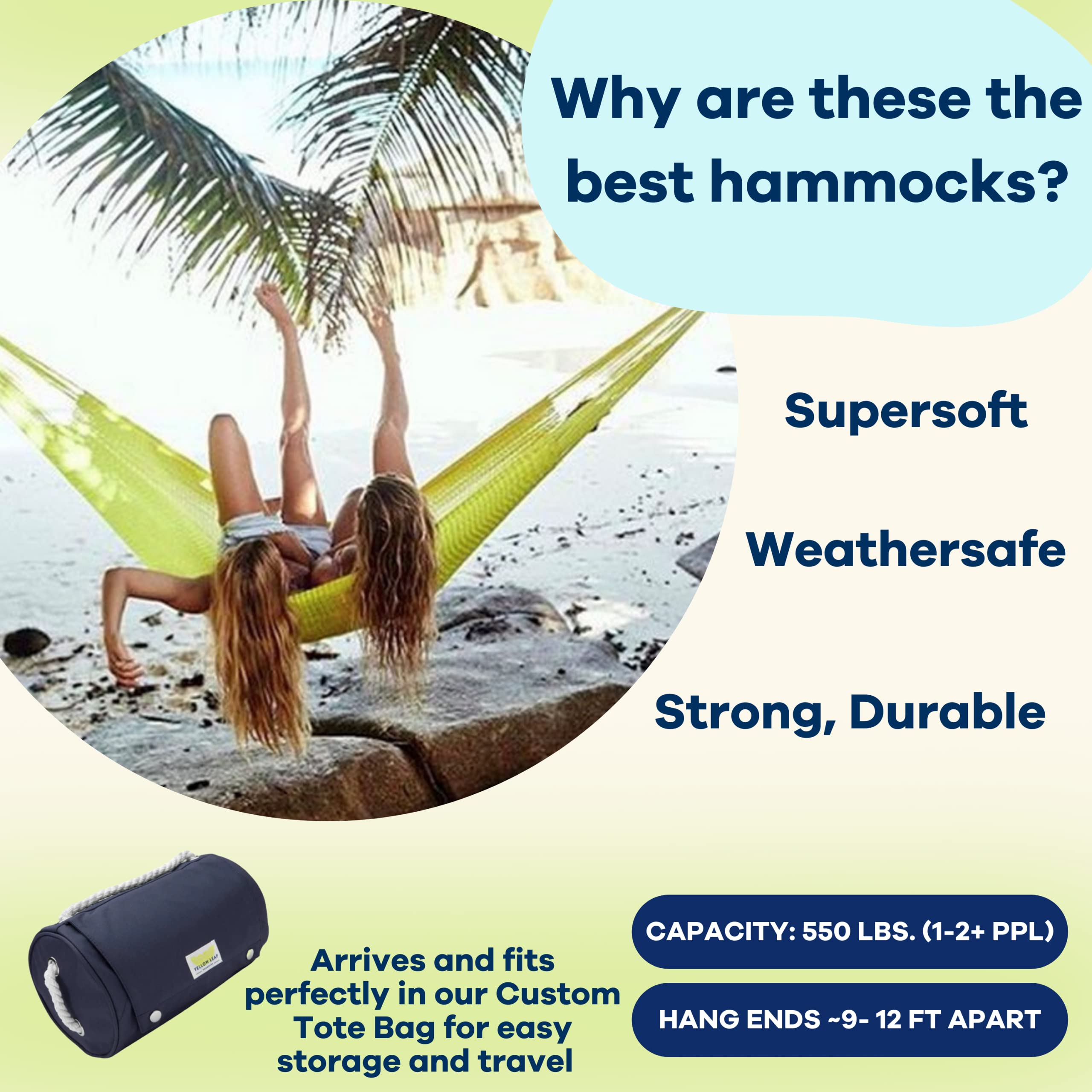 Yellow Leaf Hammocks Handwoven Family Size Hammock - 550lb Capacity for 2+ People | Weatherproof & Ultra Strong | Easy Setup & Artisan Crafted | Perfect for Backyard, Beach & Camping