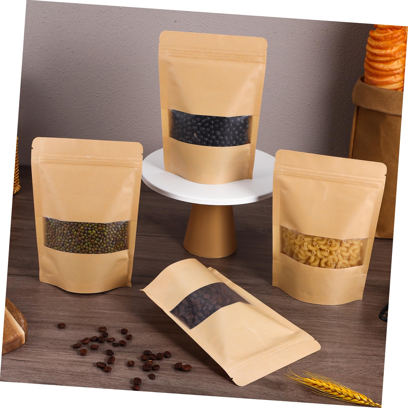 Angoily 50 Pcs Resealable Kraft Bags with Window - Eco-Friendly Coffee Packaging for Small Business | Perfect for Coffee Beans, Tea, Snacks & Crafts Storage