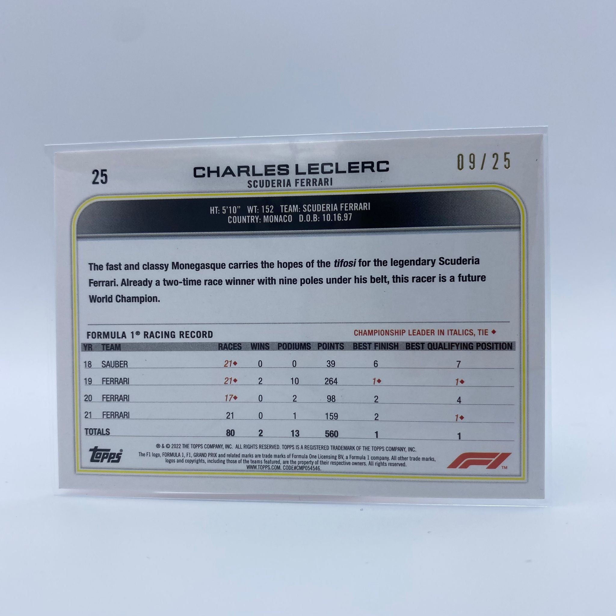 Charles Leclerc #25 2022 Topps Formula 1 Trading Card - Rare Collectible F1 Memorabilia for Sports Fans & Card Collectors | Perfect for Display, Gifts, and Investment