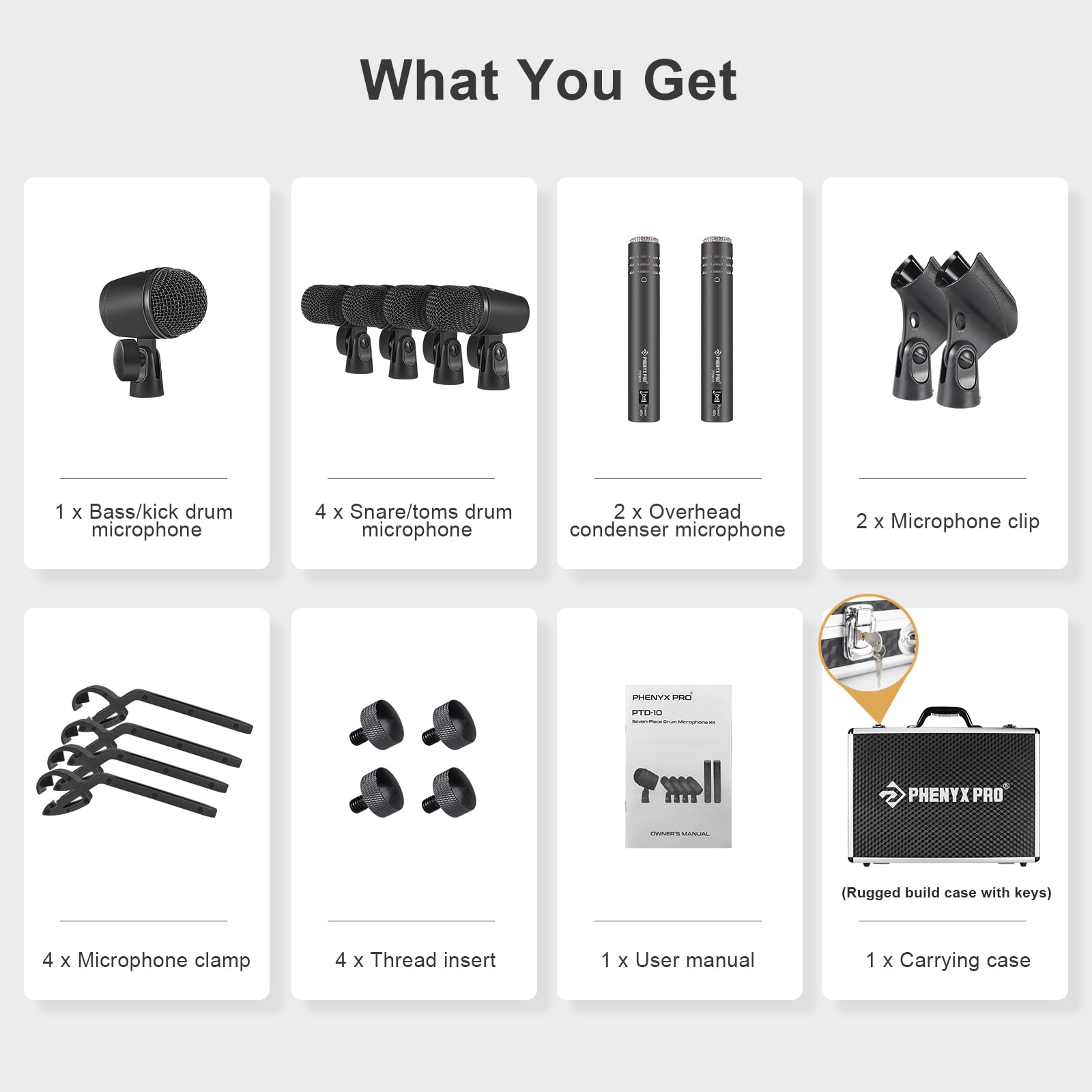 Phenyx Pro PTD-10 7-Piece Drum Microphone Kit - Full Metal Dynamic Mic Set for Bass, Tom, Snare & Hi-Hat Cymbals - Includes Carrying Case, Holders & Threaded Clips - Perfect for Live Performances, Studio Recording & Drum Practice