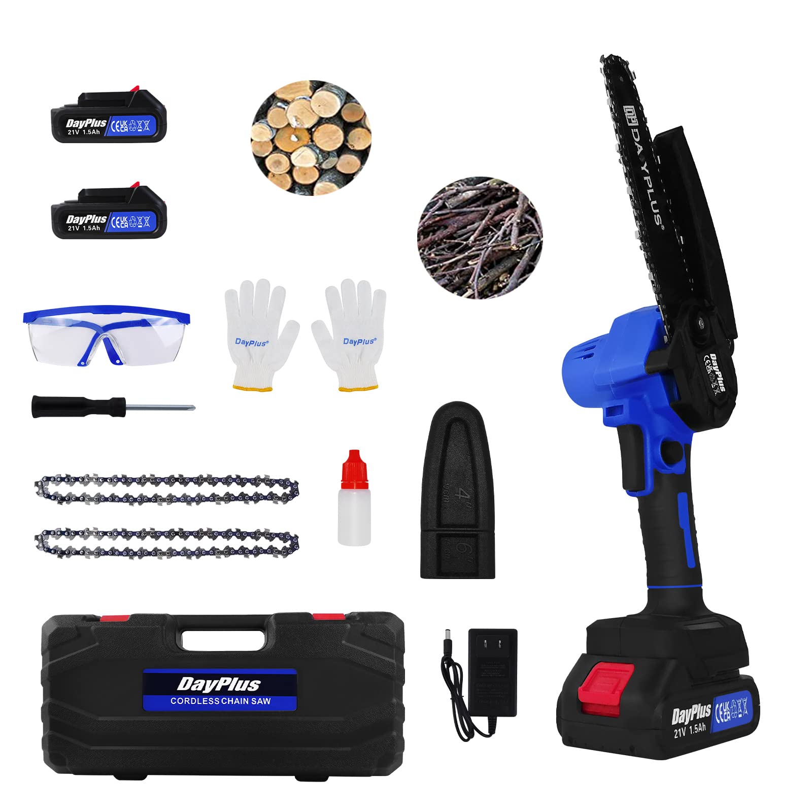 6-Inch Mini Cordless Chainsaw with 2×1.5Ah Batteries & 2 Chains - Lightweight Battery-Powered Chainsaw for Tree Trimming, Yard Work, Gardening & Home Use (Includes Carry Case & Safety Gloves) - Perfect for DIY Projects, Landscaping, and Outdoor Maintenance