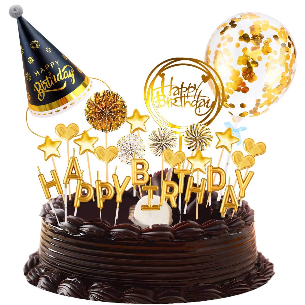 Happy Birthday Cake Topper Set - Gold Cupcake Toppers, Letters, Candles, Confetti, Balloons, Stars & Hearts - Birthday Party Decorations for Cakes, Cupcakes & Desserts - Perfect for Birthday Celebrations, Baby Showers & Special Events