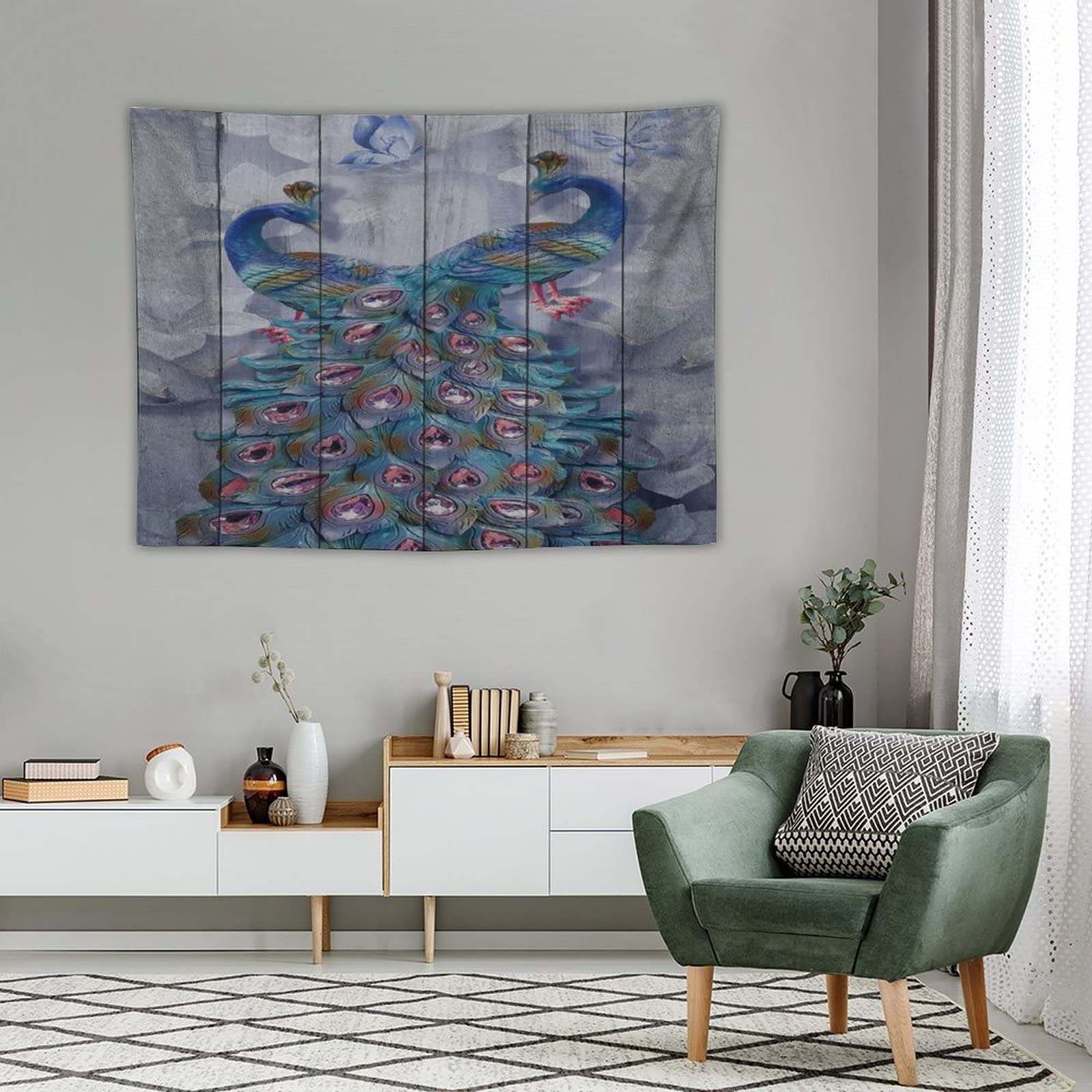 AtFlowerey Green Feather Animal Wall Hanging Tapestry - Soft Polyester Bedroom Decor for Women & Teens - Perfect for Bedroom, Living Room Wall Art & Bohemian Tablecloth