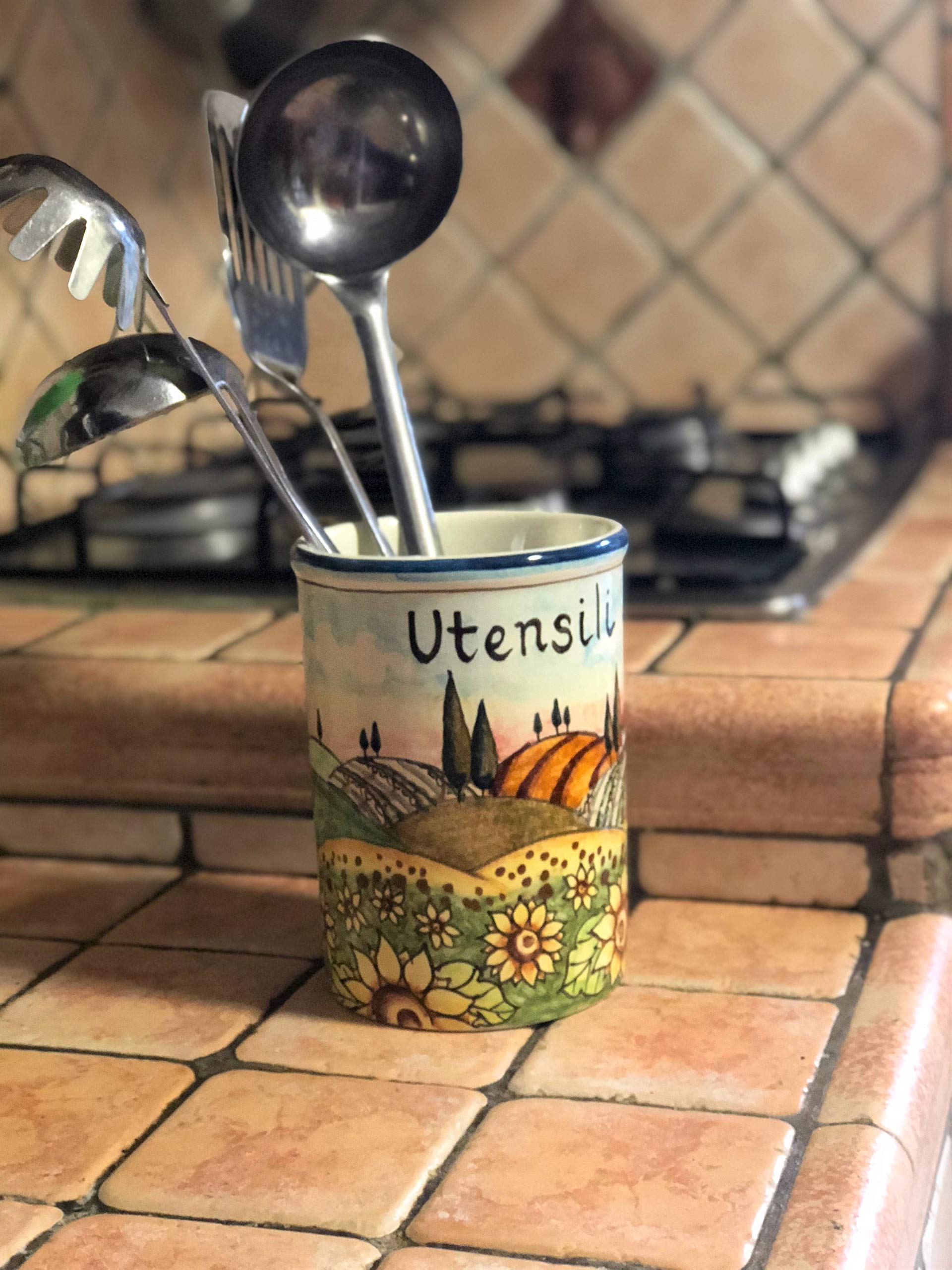 Hand-Painted Italian Ceramic Utensil Holder - Tuscan Sunflower Landscape Art Pottery | Made in Italy | Perfect for Kitchen Decor & Gift Giving
