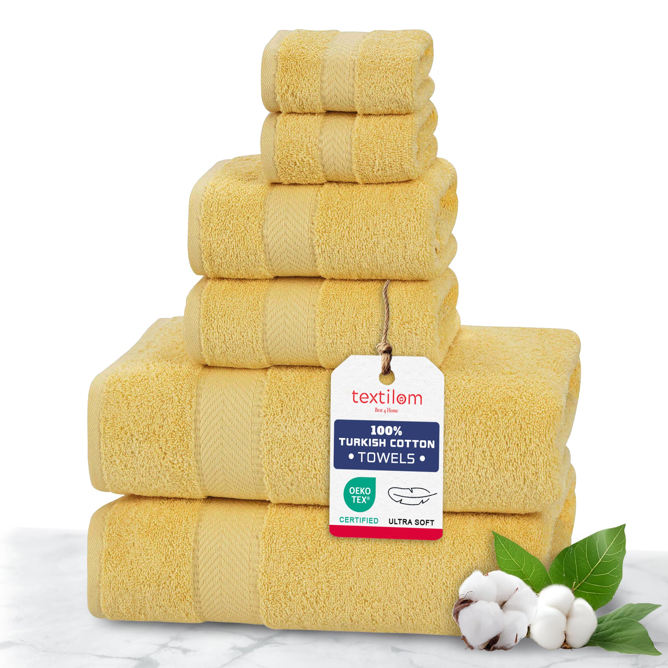 Premium 100% Turkish Cotton Bath Towel Set - 6 Piece Luxury Bathroom Towels (2 Bath Towels, 2 Hand Towels, 2 Washcloths) - Ultra Soft & Highly Absorbent - Spa & Hotel Quality - Perfect for Bathroom, Beach, Gym & Guest Use - Yellow