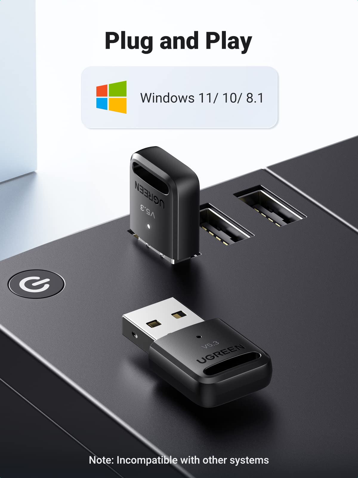 UGREEN USB Bluetooth 5.3 Adapter for PC - Wireless Audio & Data Transfer Dongle for Laptop, Desktop, Gaming - Plug & Play for Headphones, Speakers, Keyboard, Mouse - Home Office & Gaming Setup