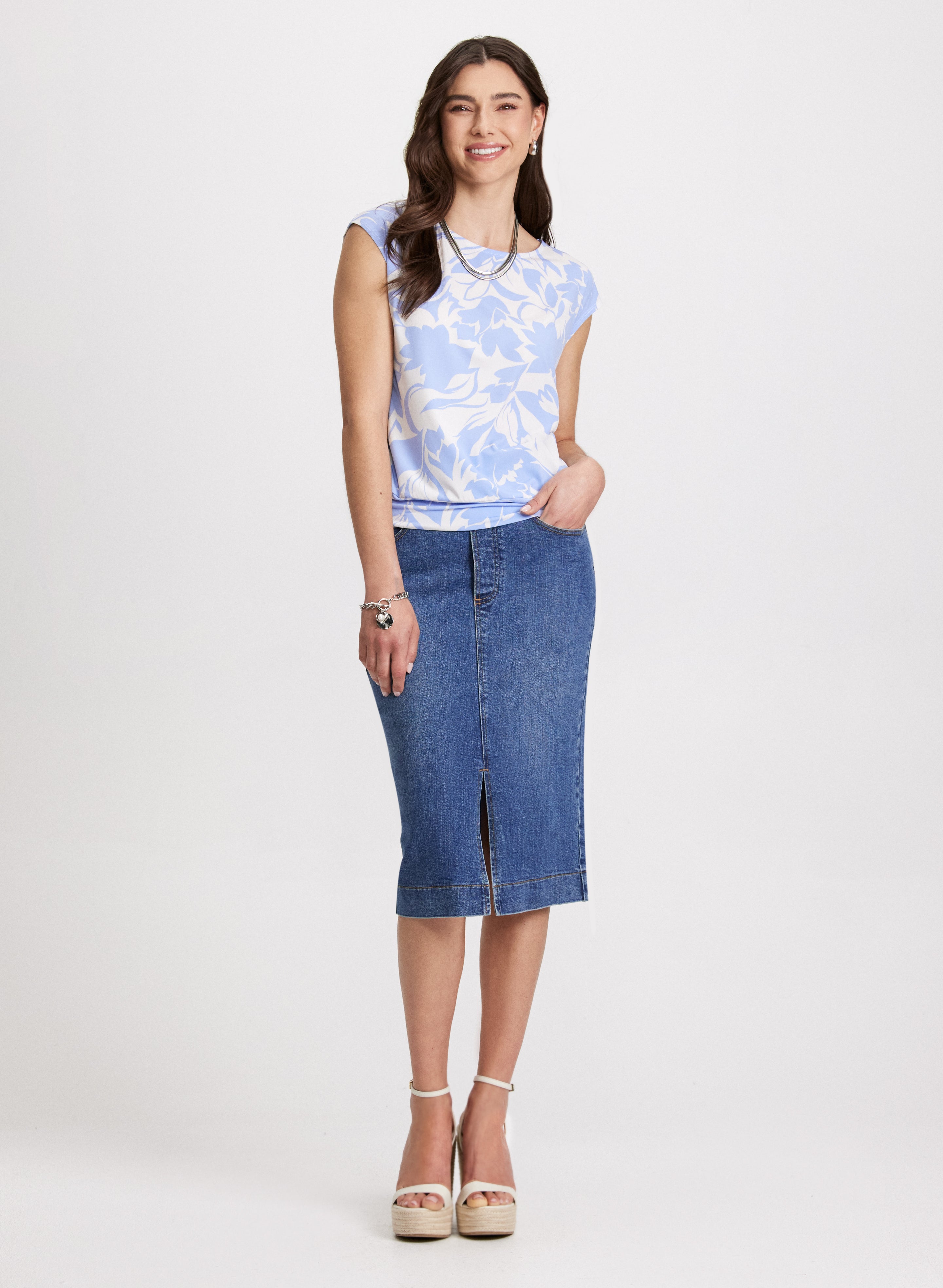 Floral Print Cap Sleeve Blouse & High Slit Denim Midi Skirt Set - Women's Summer Outfit for Brunch, Date Night and Casual Wear