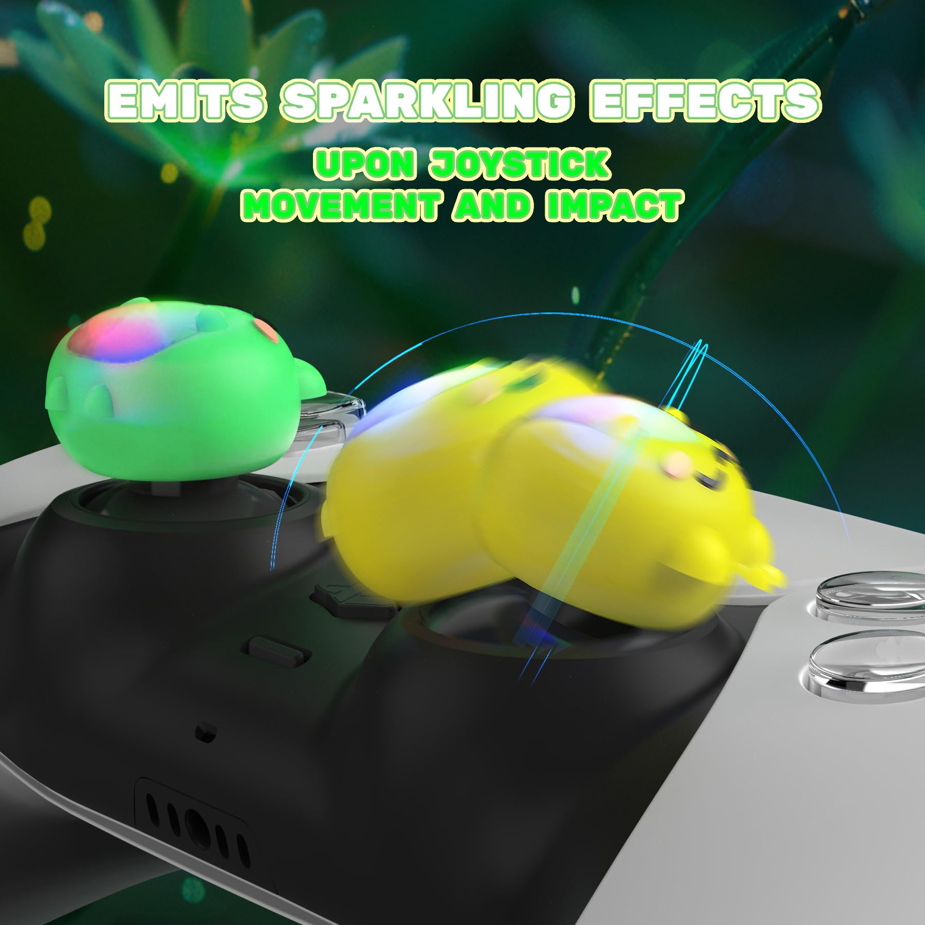 PlayVital LED Illuminated Analog Stick Covers for PS5/PS4/Xbox Series X|S/Xbox One/Elite Series 2/Switch Pro Controller - Frog Green & Yellow Design | Enhanced Grip & Comfort for Gaming Sessions | Perfect for FPS, Racing & Action Games