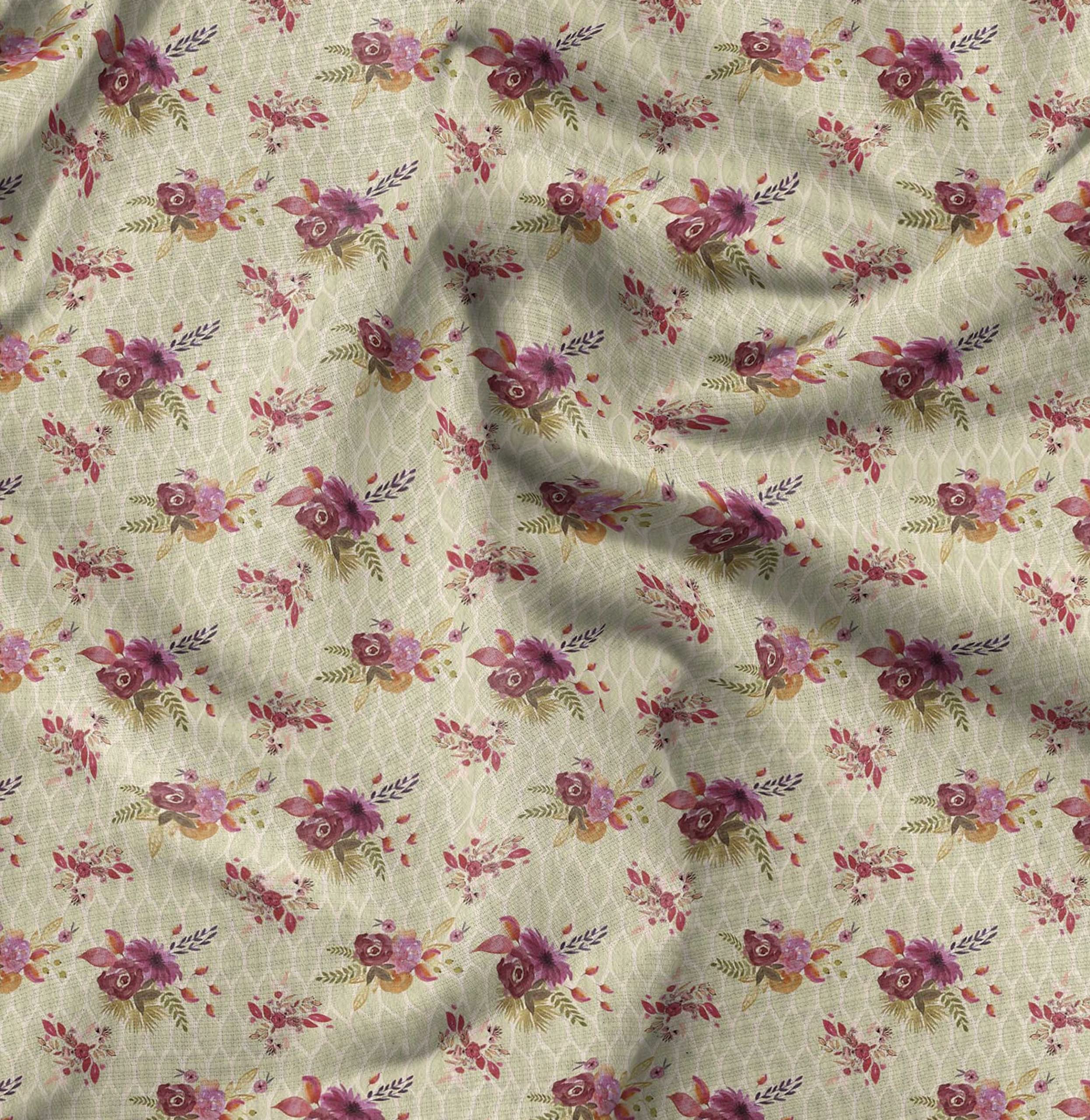 Soimoi Moss Georgette White Floral Fabric by The Yard - 44 Inch Wide Printed Fabric with Delicate Flower & Leaf Patterns for Dresses, Scarves, Curtains and DIY Craft Projects