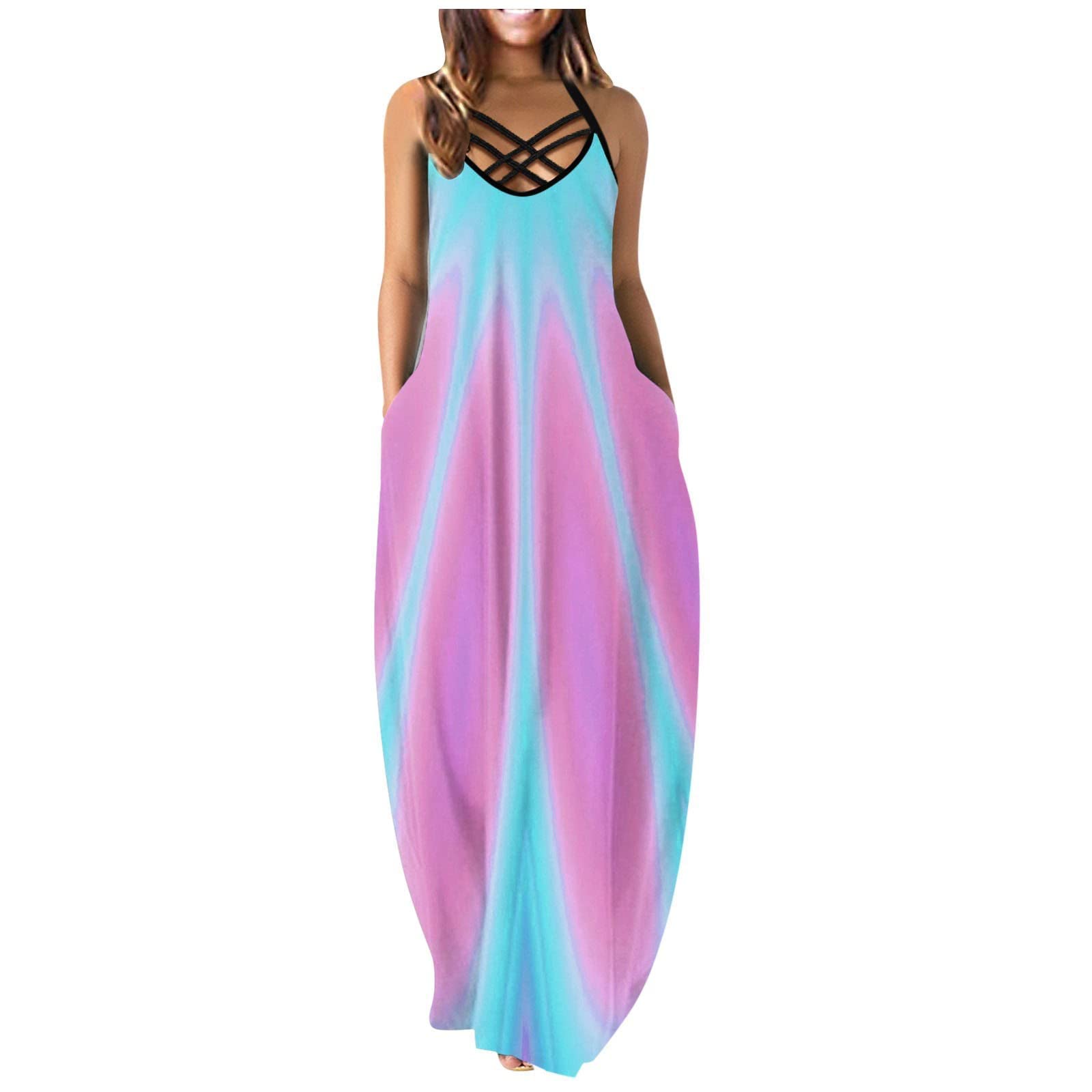 Borniu Women's Sleeveless Loose Plain Maxi Dress - Summer Casual Plus Size Long Camisole Dress with Pockets | Beach Cover Up, Vacation Outfit, Boho Chic Style