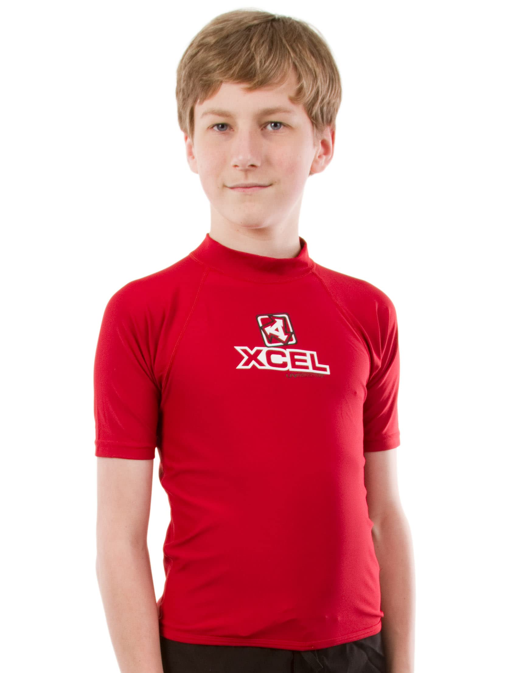 XCEL Boys' 4-Way Stretch Quick-Dry UPF 50+ Sun Protection Swim Shirt - Deep Red/White Floral Print Rash Guard for Swimming, Surfing & Beach Activities