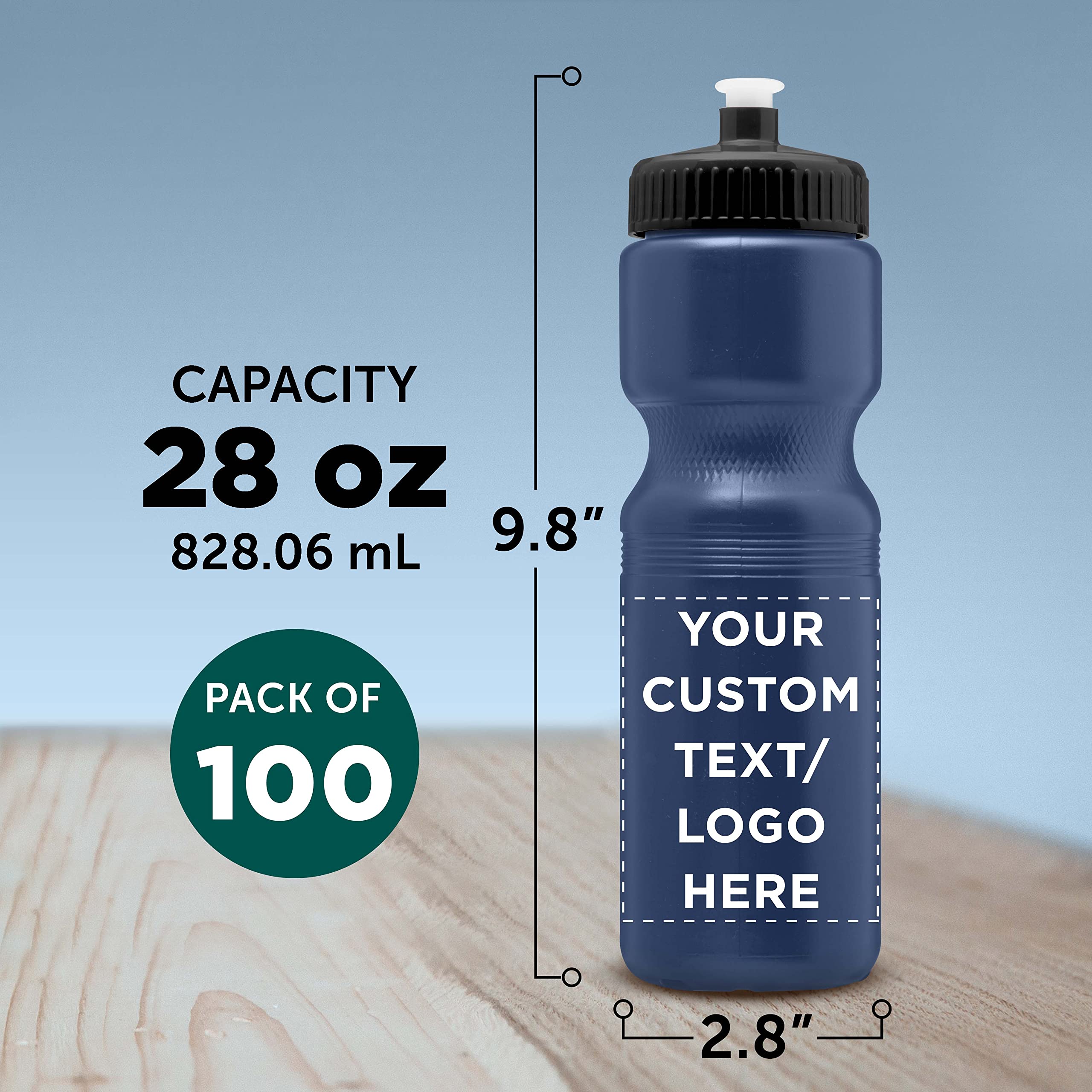28 oz Custom Push Cap Plastic Water Bottles - Bulk Pack of 100 - Personalized Navy Blue Water Bottles for Gym, Hiking, Camping & Outdoor Sports - Ideal for Hydration at Workouts, Adventures and Team Events