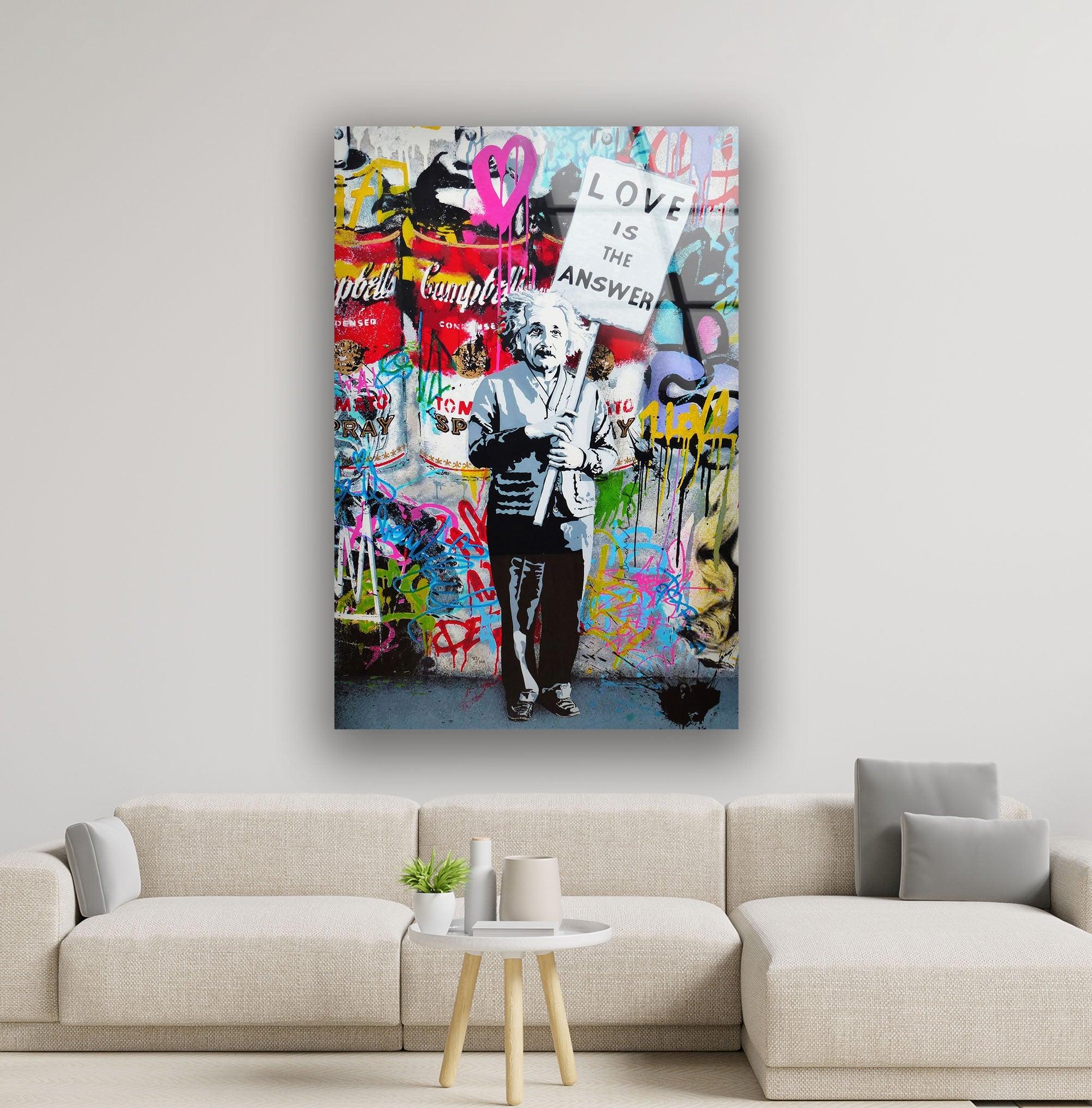 Banksy Einstein Graffiti Glass Wall Art - Modern Home Decor for Living Room, Office & Bedroom - Unique Street Art Inspired Glass Painting