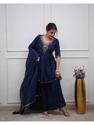 Stylish Navy Blue Cotton Embroidered Kurta Set with Sharara & Mulmul Dupatta - Traditional Indian Outfit for Women, Festive Wear, Wedding Guest Attire, Diwali & Eid Celebration Outfits