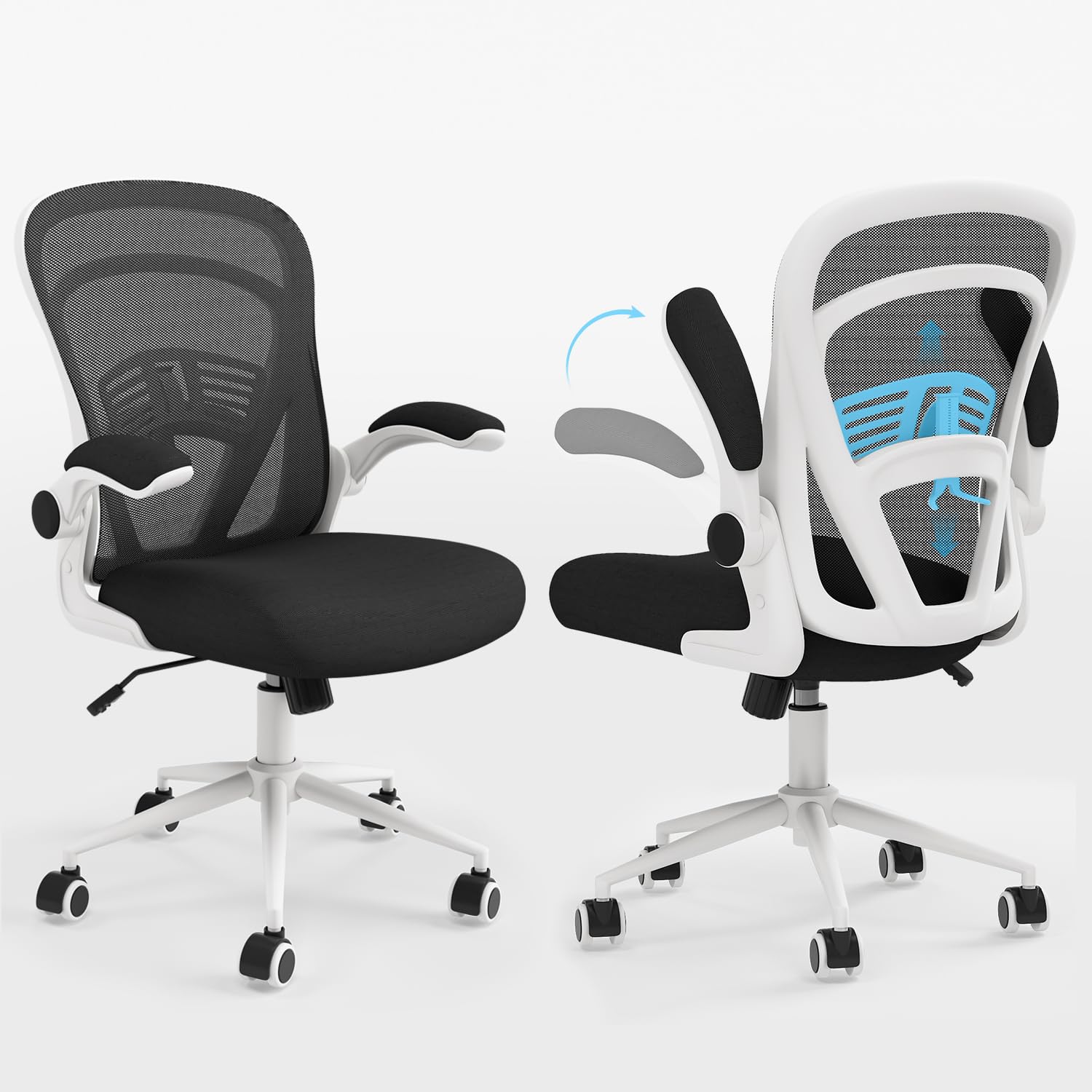 Ergonomic Mesh Office Chair with Wheels & Flip-Up Arms - Adjustable Lumbar Support Swivel Desk Chair for Home & Office - White - Perfect for Long Work Hours, Gaming & Study Sessions