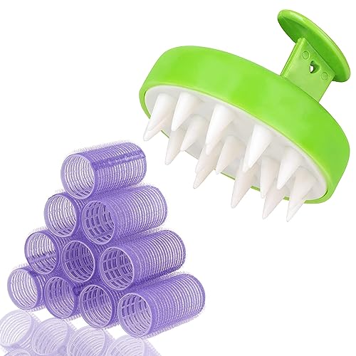 DEBINS Set of 6 Self-Grip Hair Rollers & Curlers with Scalp Massager Shampoo Brush - Soft Silicone Bristles for All Hair Types - Multicolor Hair Styling Tools for Salon, Home Use & Travel