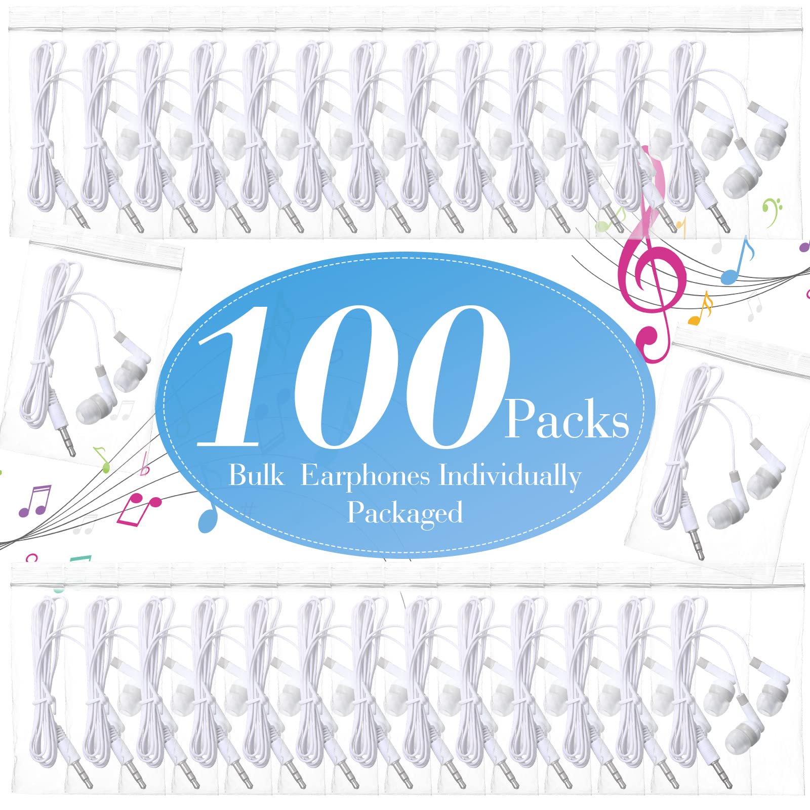 Konohan 100 Pack Bulk White Earbuds - 3.5mm In-Ear Headphones for Students, Classroom, School & Library Use - Individually Bagged Basic Headset for Kids, Laptops & Learning Devices | Perfect for Online Classes, Study Sessions & Educational Activities