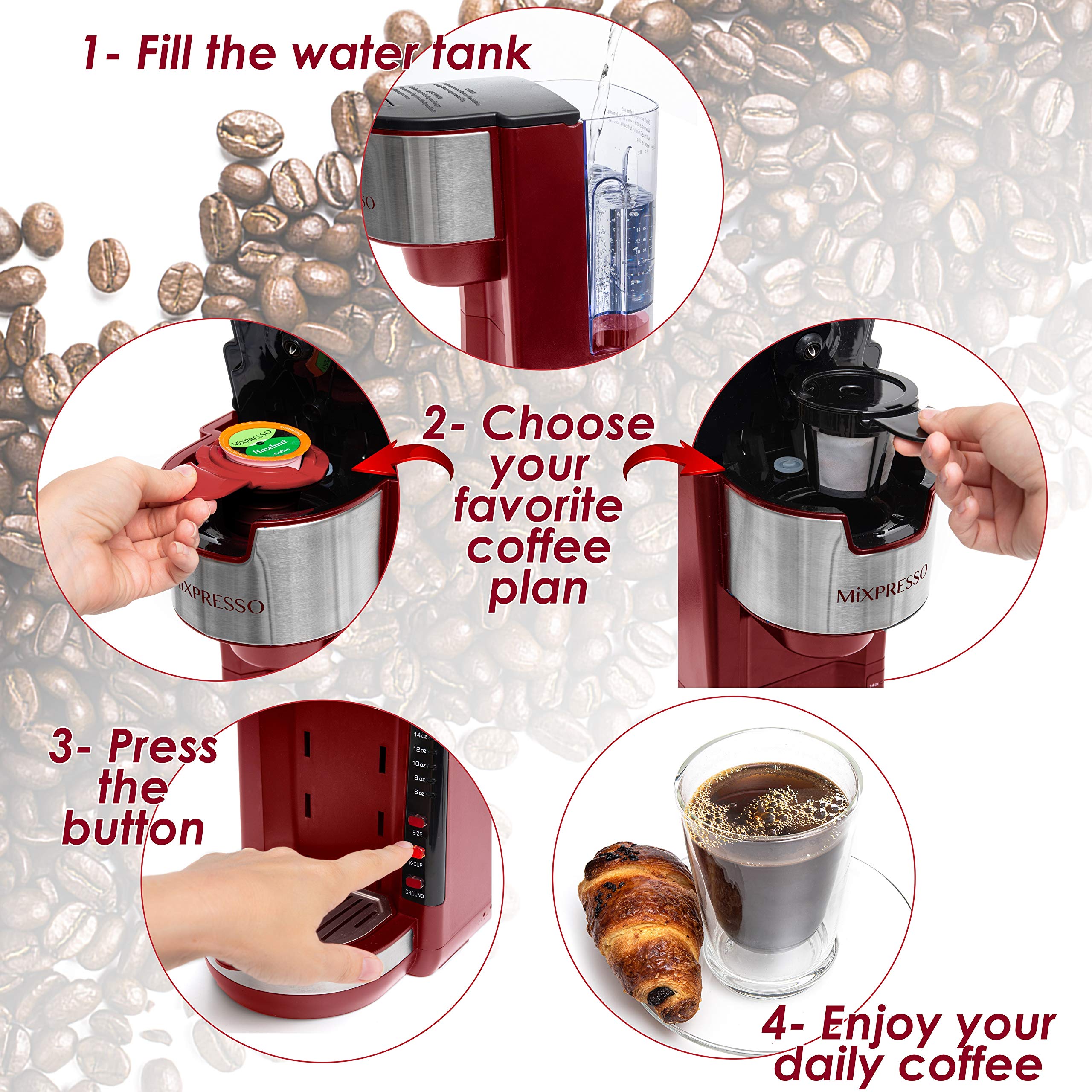 Mixpresso Single Serve Coffee Maker - Compact 30oz K-Cup & Ground Coffee Brewer with 5 Brew Sizes (Up to 14oz), Adjustable Drip Tray, Travel Mug Compatible - Perfect for Home, Office, and Travel (Red)