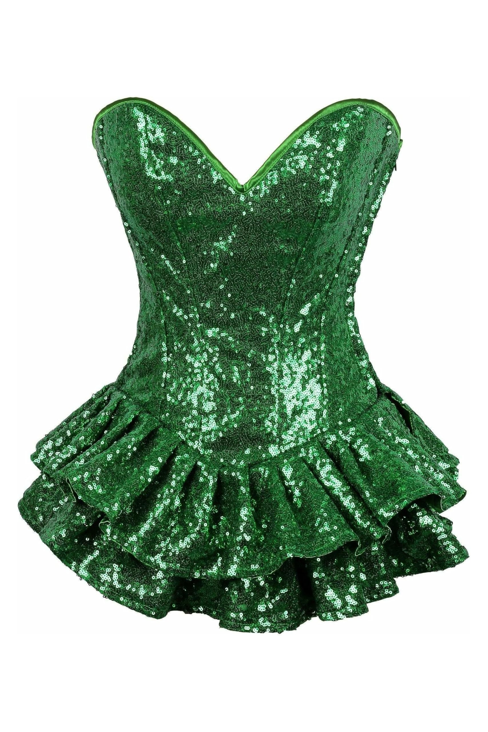 Women's Green Sequin Steel Boned Mini Corset Dress - Daisy Corsets Top Drawer Collection | Perfect for Burlesque Shows, Cosplay & Vintage Fashion