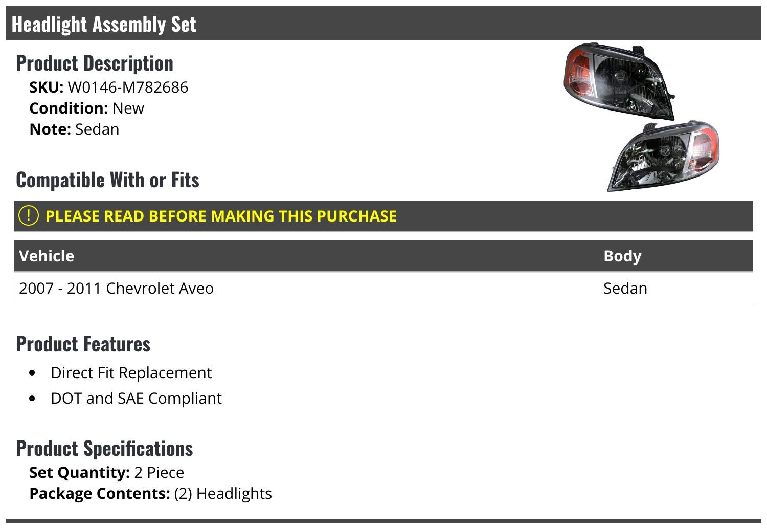 2-Pack Headlight Assembly Replacement for 2007-2011 Chevy Aveo Sedan - Direct Fit LED Headlights with Clear Lens - Perfect for Night Driving & Foggy Conditions