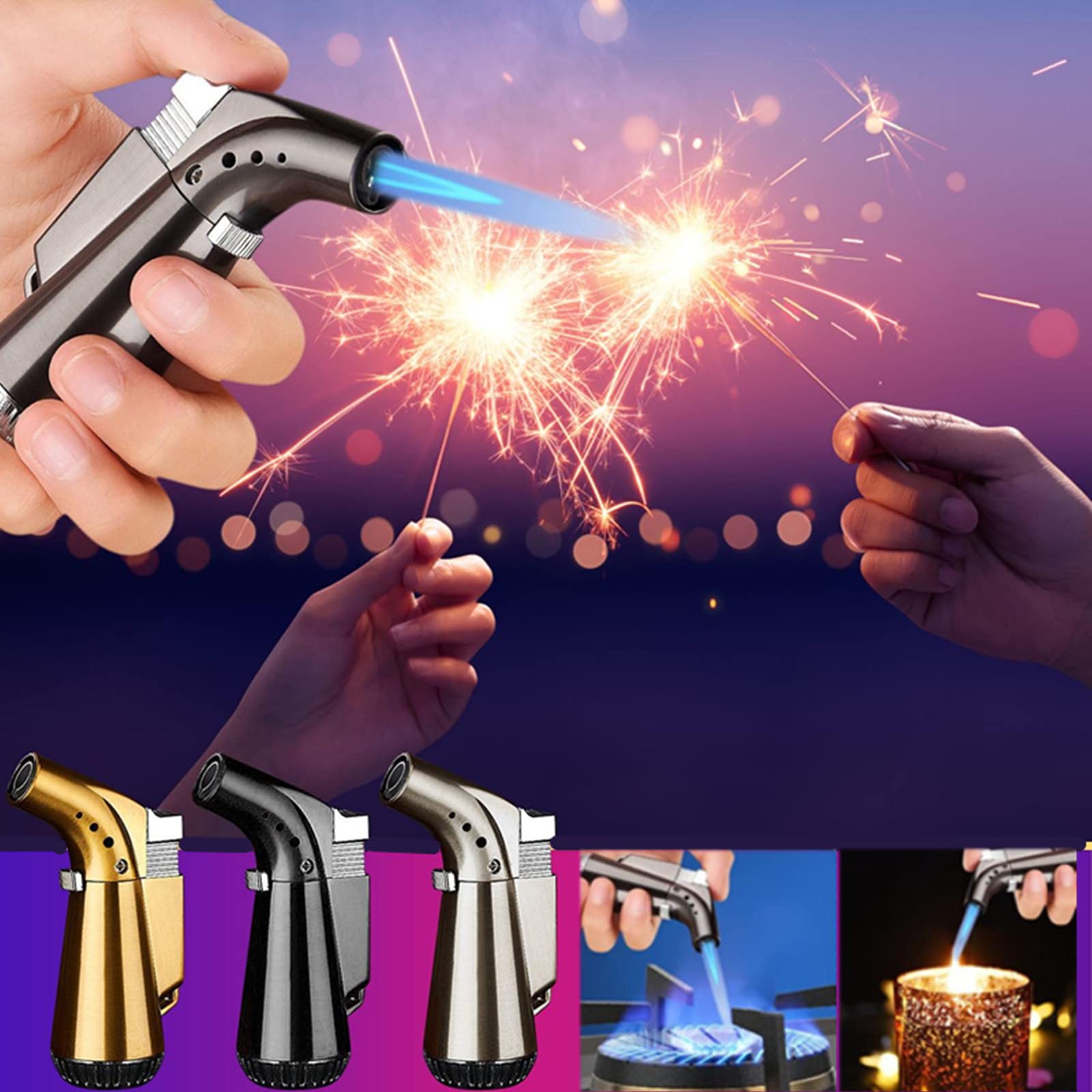 Windproof Refillable Torch Lighter with Adjustable Jet Flame - Butane Gas Lighter for BBQ, Kitchen, Camping, Candles & Fireplace (Gas Not Included, Black) - Perfect for Outdoor Adventures & Home Use