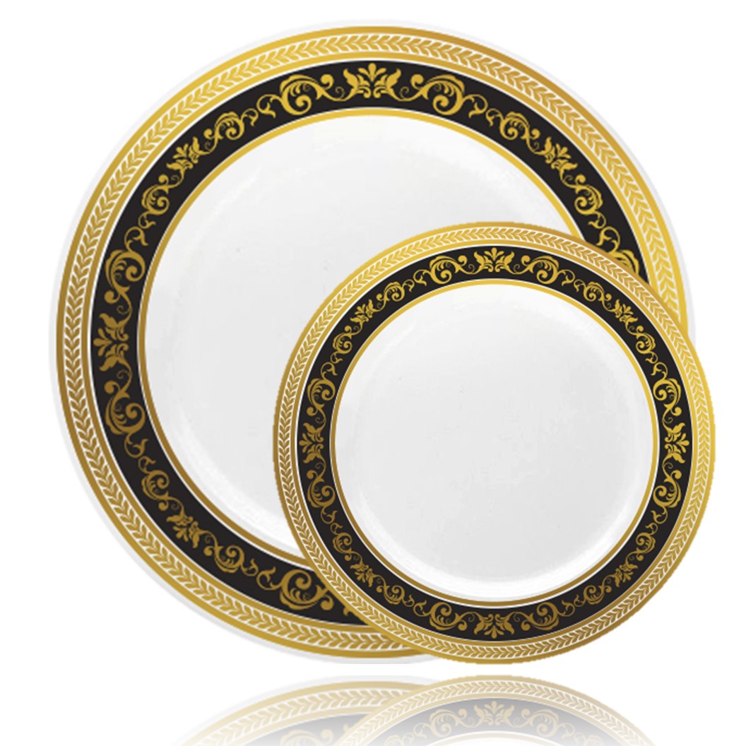 40-Piece Black and Gold Round Plastic Dinnerware Set - Elegant Disposable Plates, Cups & Cutlery for 20 Guests - Perfect for Weddings, Parties, and Special Events