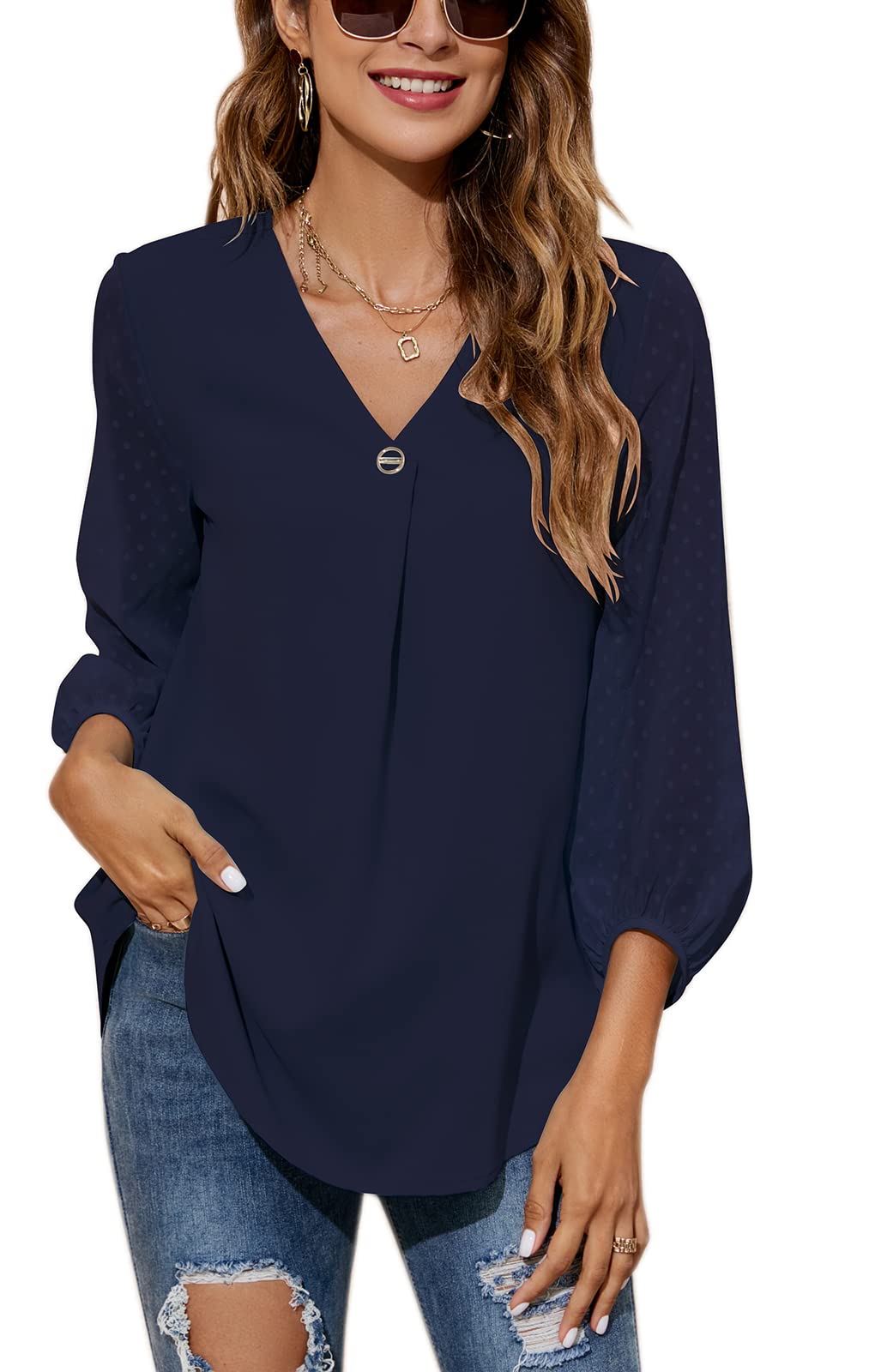 POGTMM Women's Summer Chiffon Blouse - V-Neck 3/4 Sleeve Floral Tunic Top for Casual, Work & Business Wear | Lightweight Loose Fit Shirt for Office, Dating & Outdoor Activities