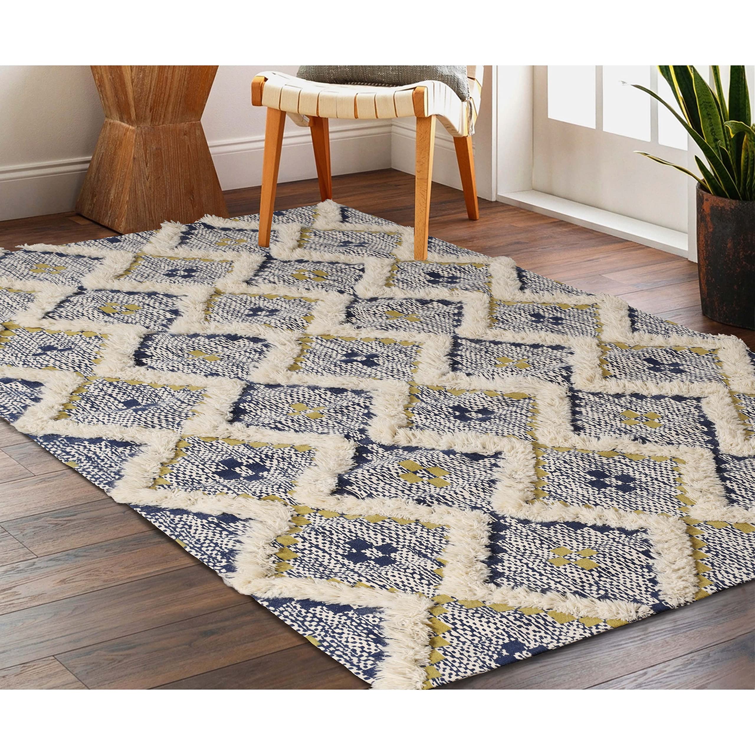 Premium Talluah Hand-Tufted Area Rug - 5' x 8' Indoor Printed Carpet for Bedroom & Living Room Decor in Gold-Navy Blue | Soft & Durable Floor Mat for Cozy Home Aesthetic | Perfect for Modern, Boho & Farmhouse Style Interiors