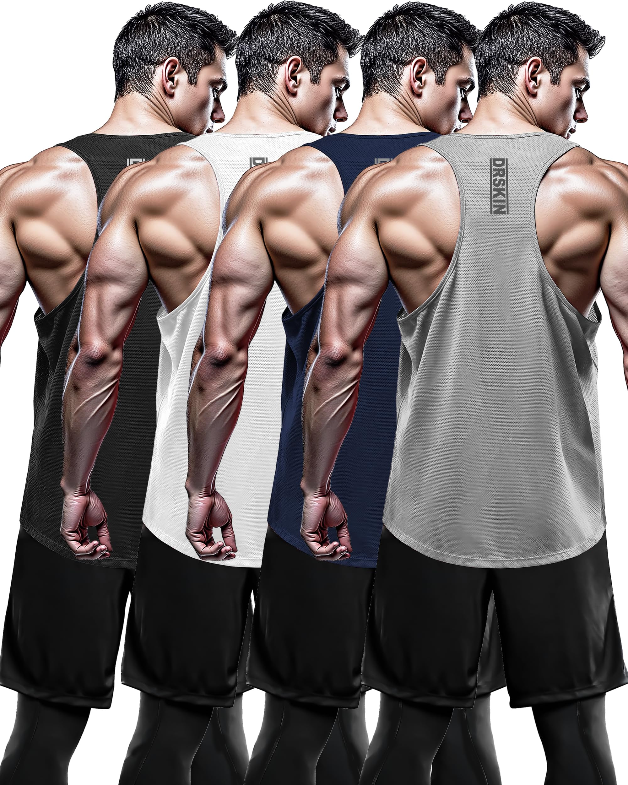 DRSKIN Men's 4/3/1 Pack Sleeveless Y-Back Tank Tops - Breathable Mesh Gym Shirts for Workout & Training - Moisture Wicking Athletic Shirts for Running, Fitness & Summer Outdoor Activities