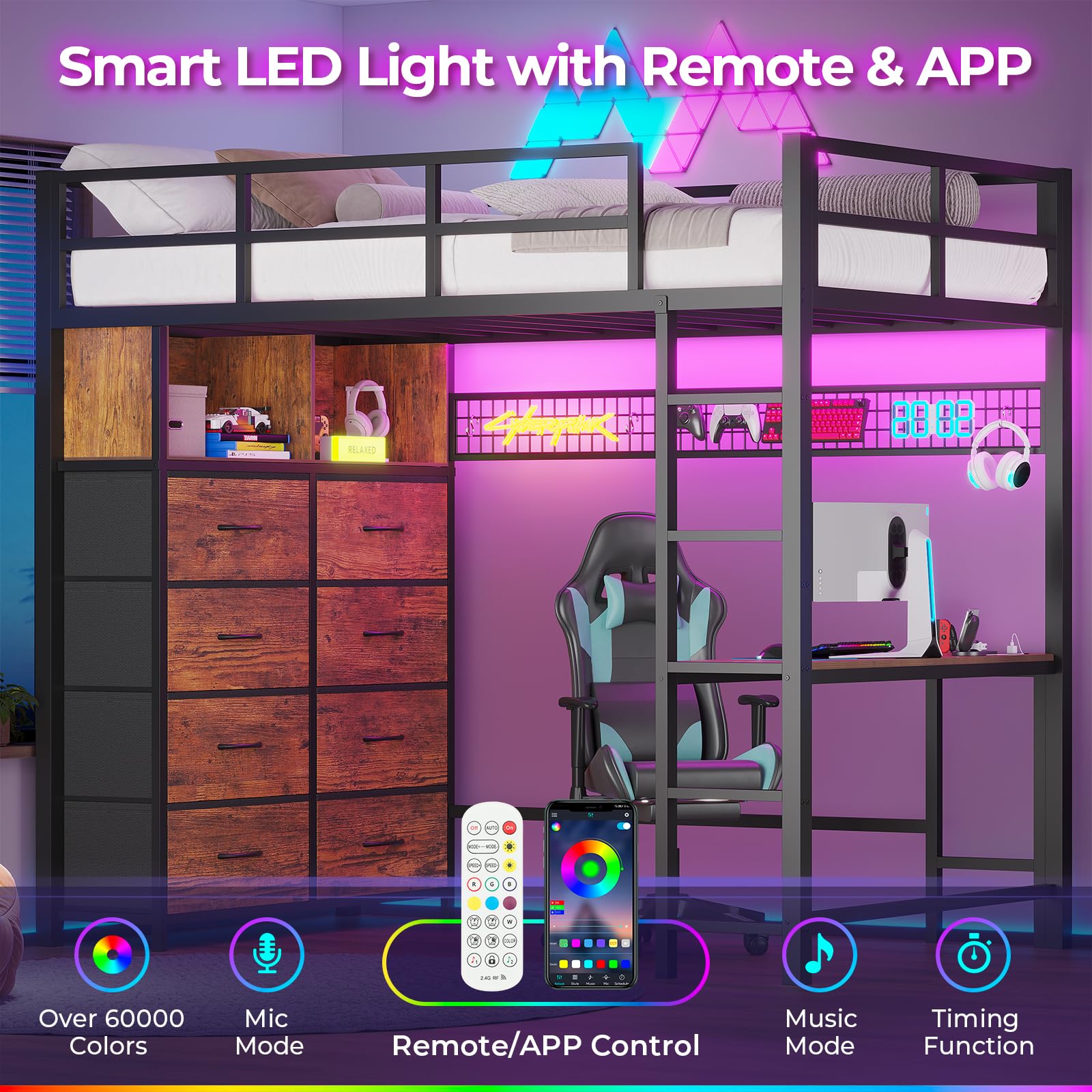 ADORNEVE Twin Size Loft Bed with Desk & 8 Storage Drawers - Metal Bunk Bed with LED Lights, USB Charging Station & Shelves - 13.1