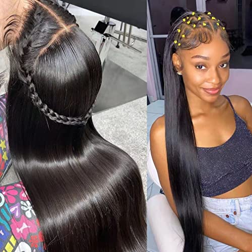 100% Virgin Human Hair Lace Front Wig - Long Straight Style, Natural Black Color, Bleached Knots & Pre-Plucked Hairline with Baby Hair - 13x4 Transparent Lace Frontal Free Part Wig for Black Women by AOVY (150% Density, 22 Inch) - Perfect for Daily Wear, Cosplay, and Special Occasions