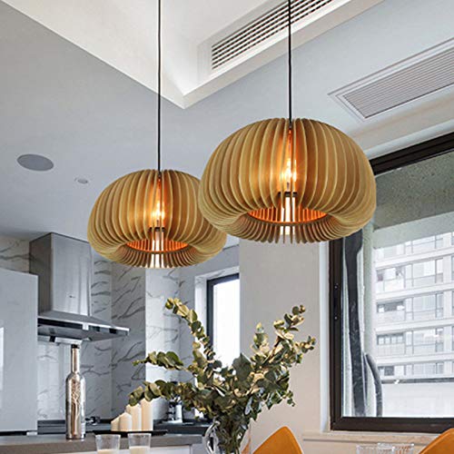 LITFAD Beige Wood Doughnut Ceiling Pendant Light - Farmhouse LED Hanging Fixture for Dining Room, Living Room & Restaurant Decor | Rustic Home Lighting for Kitchen Island, Bedroom, Entryway