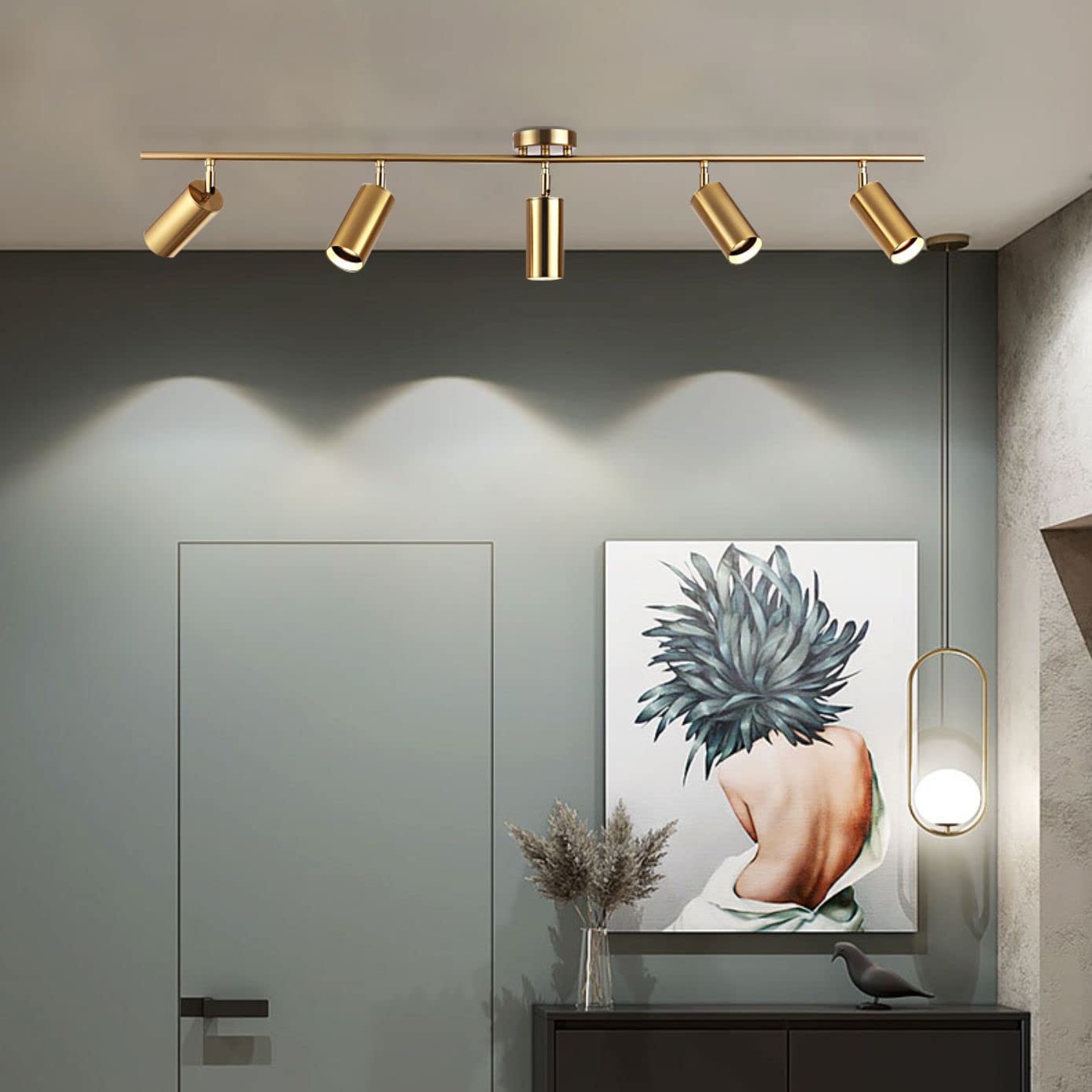 KCO Lighting Modern 5-Lights LED Track Lighting Kit - Brushed Brass Adjustable Flush Mount Ceiling Spotlights for Kitchen, Dining Room & Living Room - Mid Century Gold Light Fixture (5 Lights) - Perfect for Task Lighting and Accent Illumination