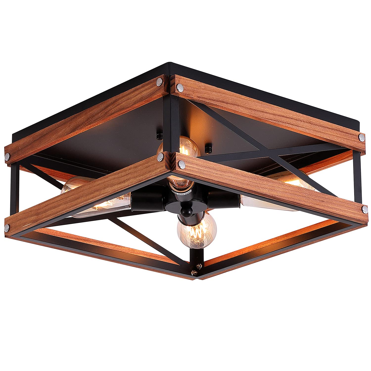 4-Light Rustic Farmhouse Flush Mount Ceiling Light - Square Metal & Wood Ceiling Fixture for Hallway, Bedroom, Kitchen, Entryway & Living Room - Black - Perfect for Vintage Home Decor & Cozy Interior Lighting