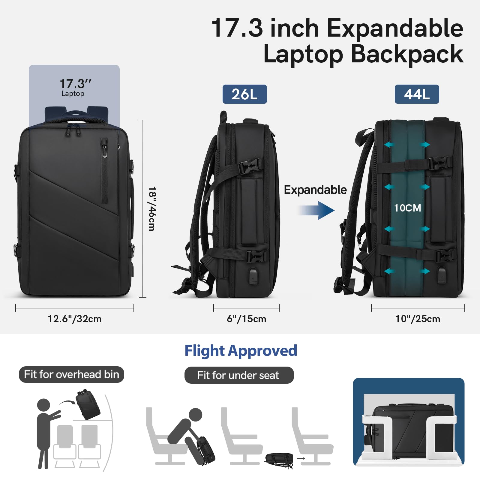 VGOAL 26-44L Expandable Travel Laptop Backpack for 17.3 Inch Laptop - Water-Resistant Business Rucksack with USB Charging Port - Perfect for Airplane Carry-On, Weekender Trips & Daily Commute (Black)