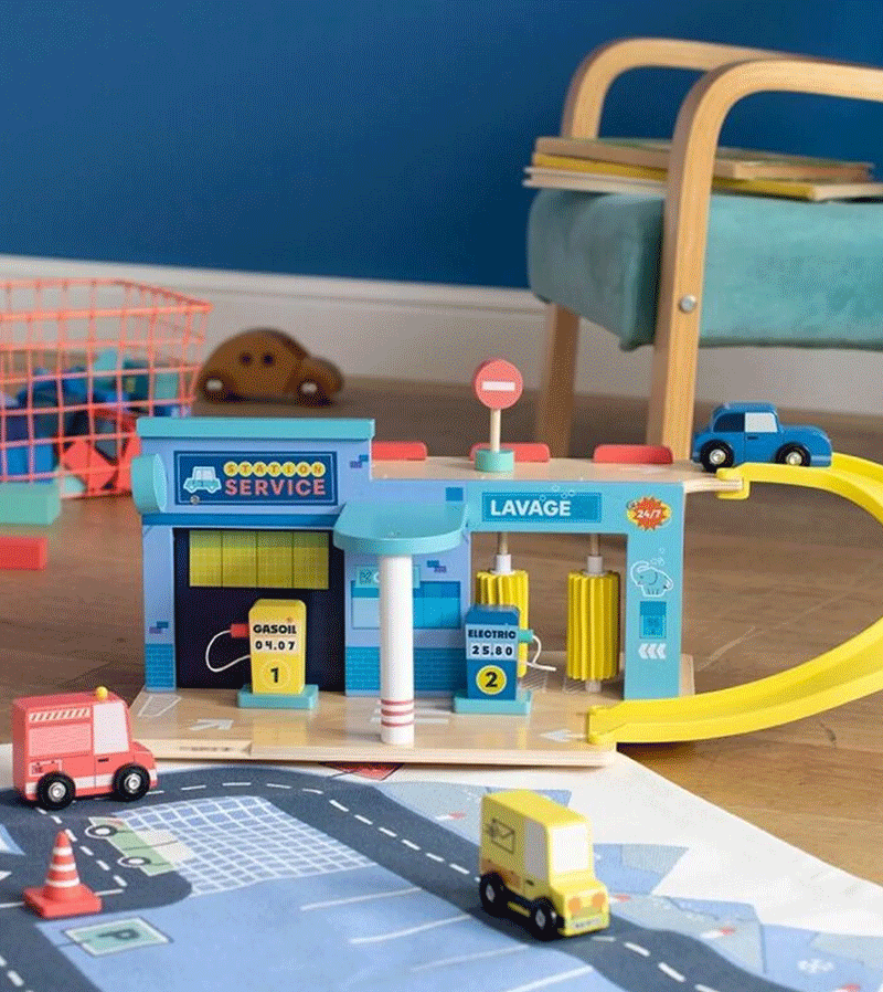 Vintage Avenue du Moulin Gas Station Toy - Collectible French Miniature Model by Moulin Roty - Perfect for Kids Playroom, Collector's Display & Retro Home Decor