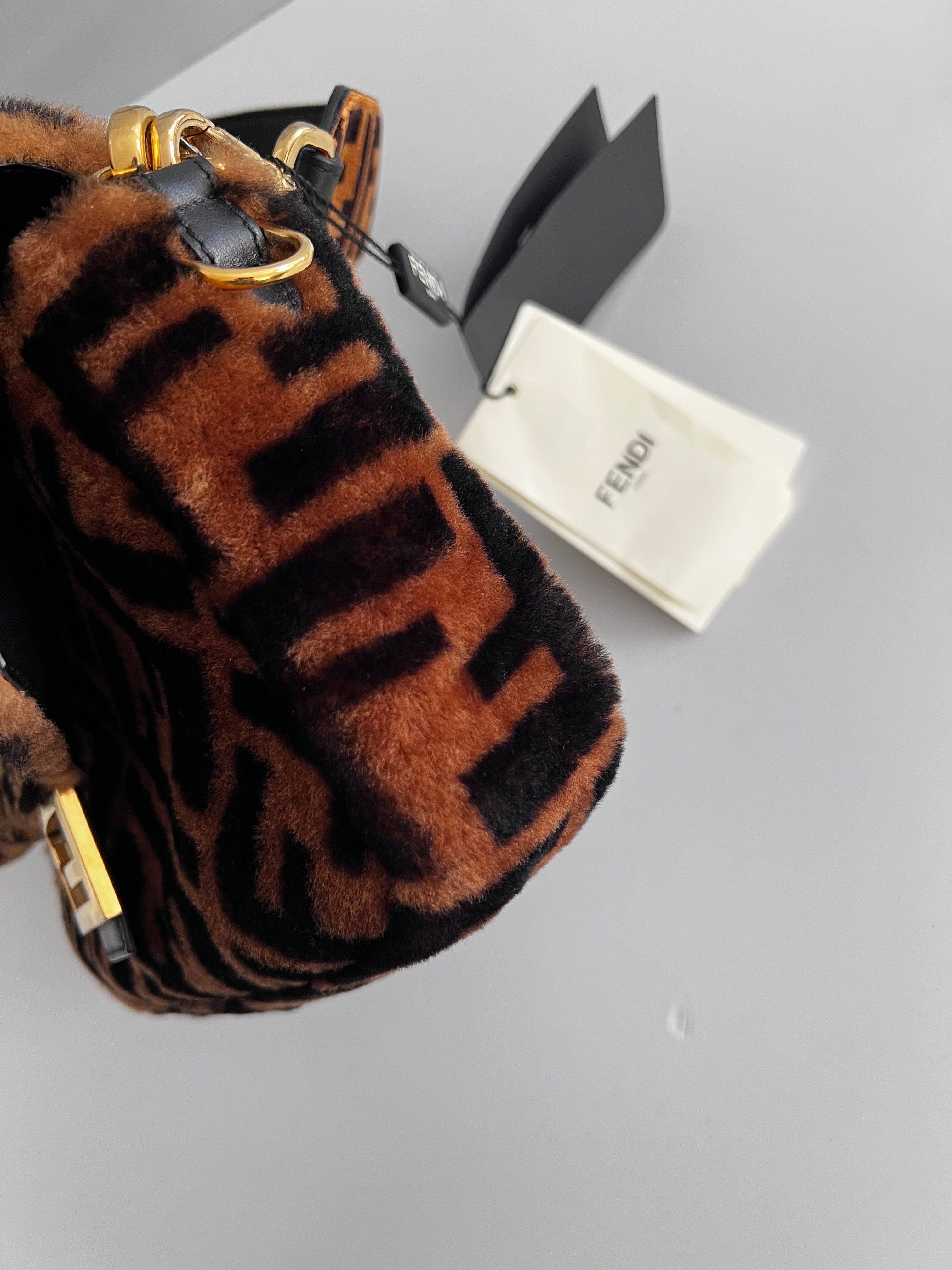 Fendi FF Shearling Baguette Bag with FF Velvet Strap - Luxury Crossbody Purse for Women, Perfect for Parties, Dates & Everyday Use