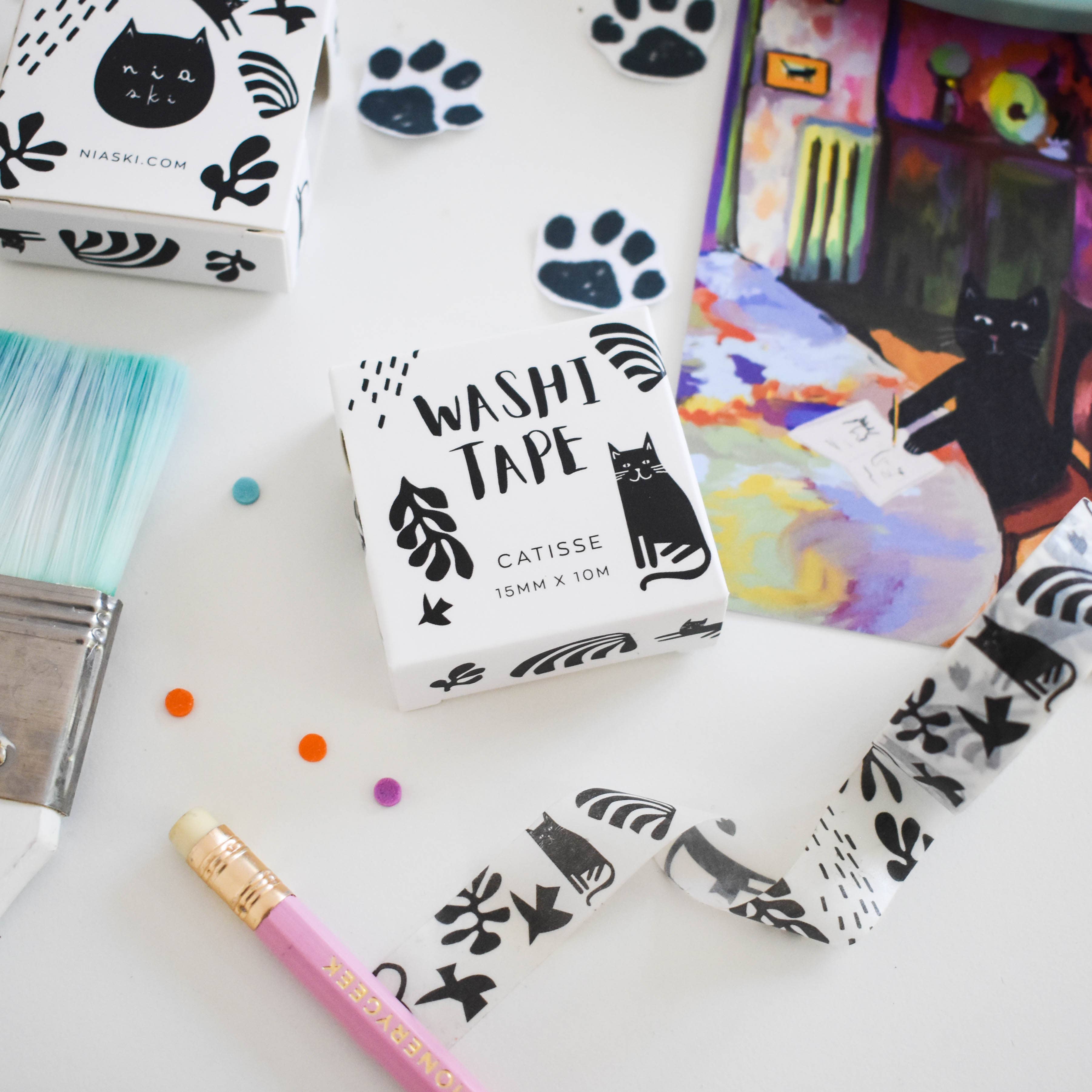 Catisse Cat Washi Tape - Cute Cat Pattern Decorative Paper Tape for Scrapbooking, Journaling, DIY Crafts & Gift Wrapping (Set of 6 Rolls) - Perfect for Bullet Journals, Planners, and Home Decor