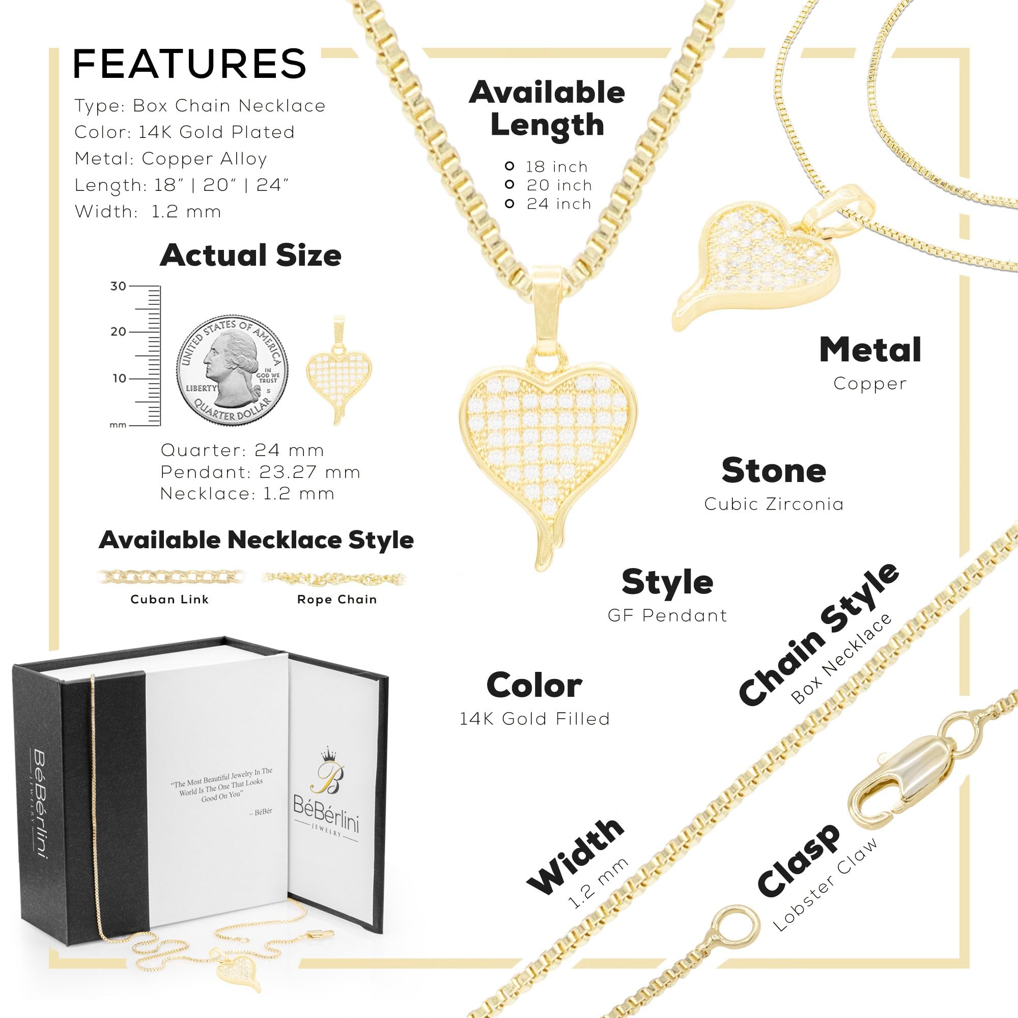 BEBERLINI Heart CZ Charms 14K Gold Filled Box Chain Charm Pendant Necklace Set for Women - 18 Inch Elegant Jewelry Gift for Valentine's Day, Anniversary & Special Occasions