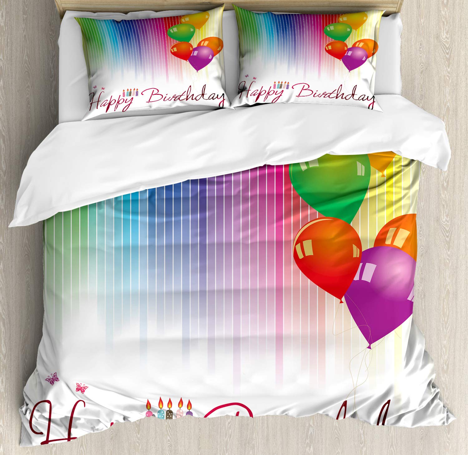 Ambesonne Birthday Duvet Cover Set - Rainbow Striped Balloon & Candle Design, 3-Piece California King Bedding with 2 Pillow Shams | Vibrant Multicolor Decor for Birthday Parties, Kids Rooms & Festive Home Decor