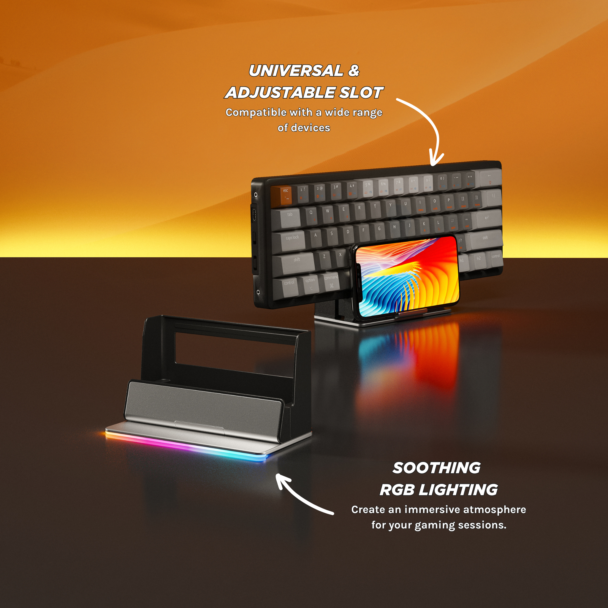 Universal RGB Device Organizer - Cable Management Solution for Desk, Gaming Setup & Home Office | Durable Multi-Device Holder with LED Lights for Phones, Tablets & Accessories